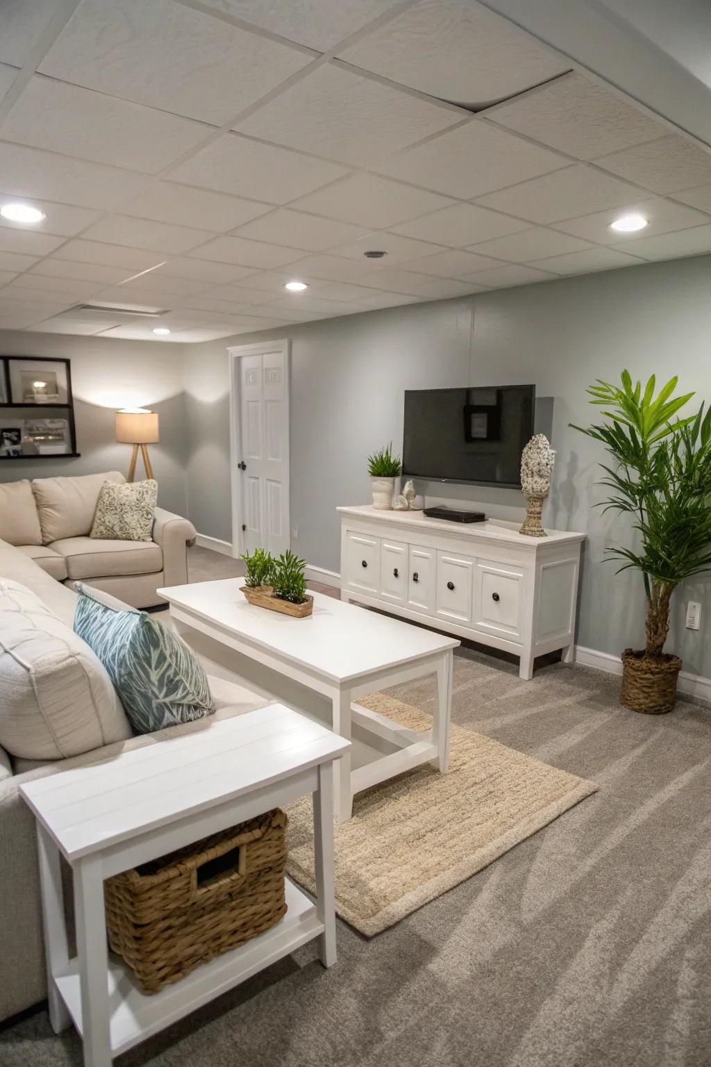 Pale hues have the power to transform a basement's mood.