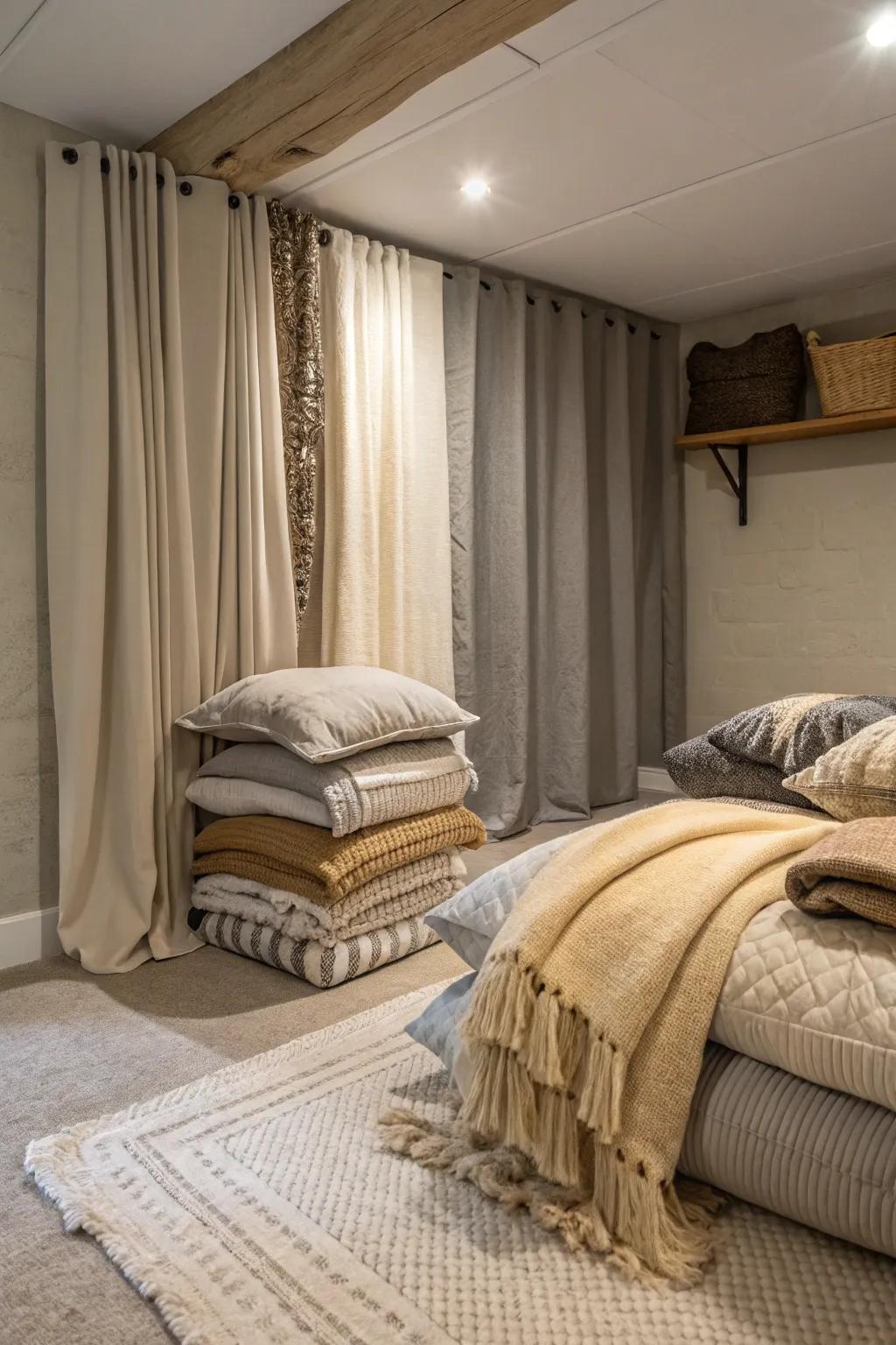 Layered fabrics in inviting hues fashion a comfortable escape in this basement bedroom.