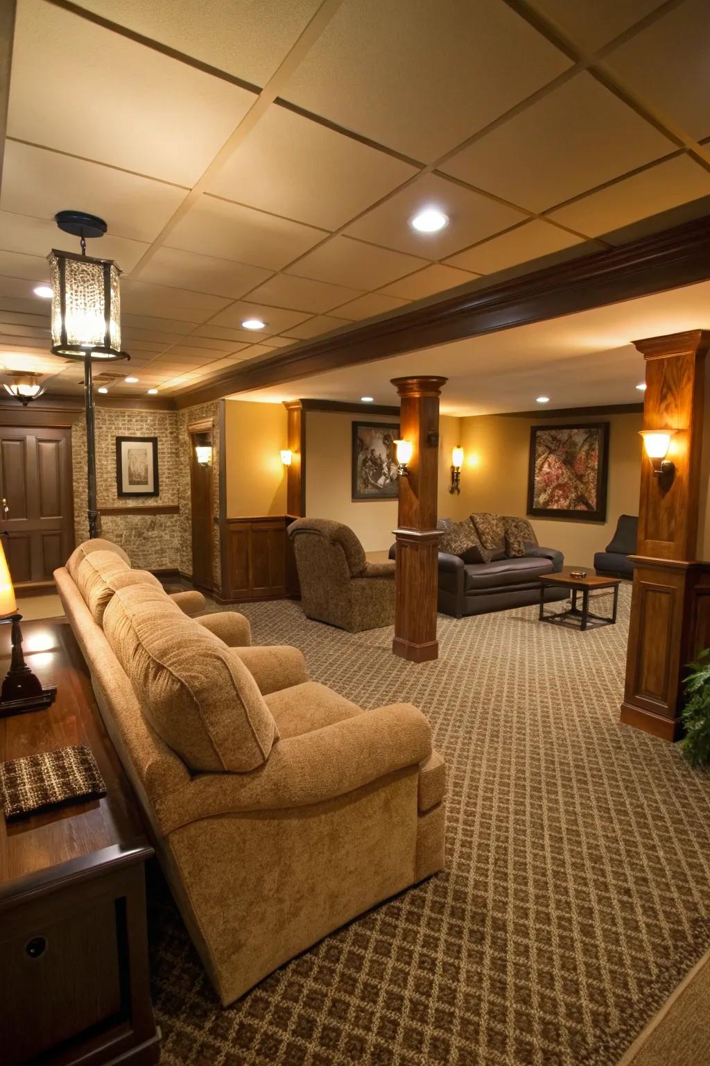 Modular carpets introduce warmth and comfort to your basement setting.