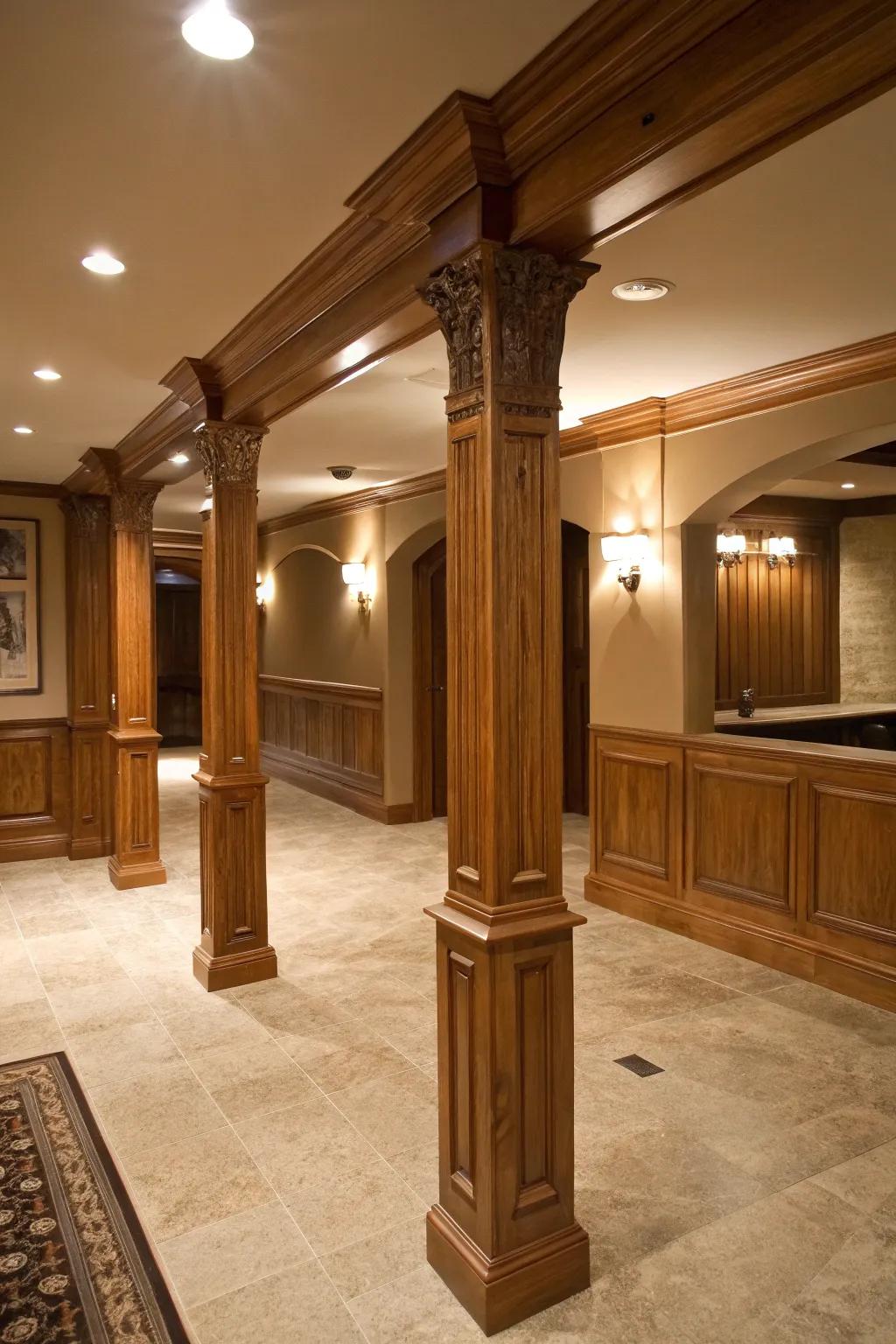 Classic wooden edging and shaping improve the look of basement posts.