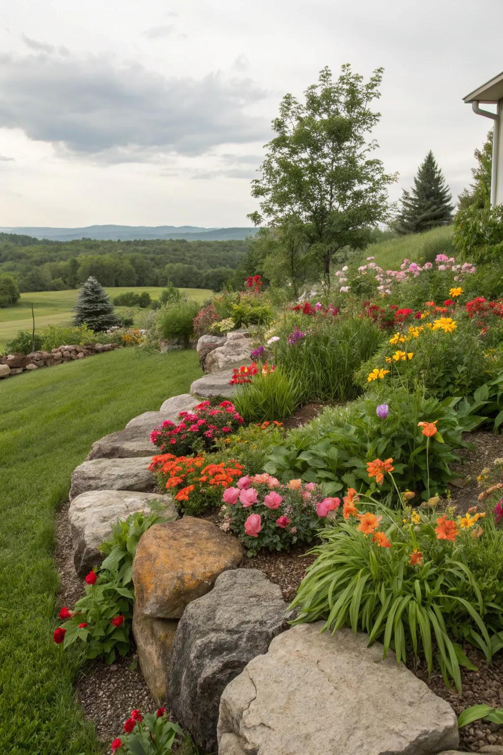 Stone borders introduce clear lines and structure to the edges of a garden.