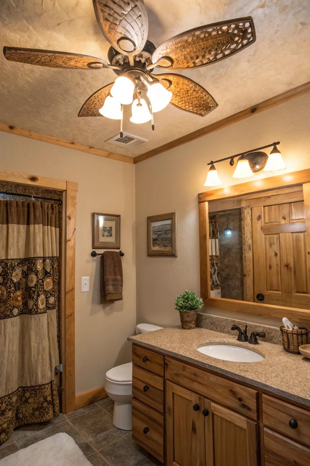 A country-style bathroom showcasing a wood-look ceiling ventilator with a light.