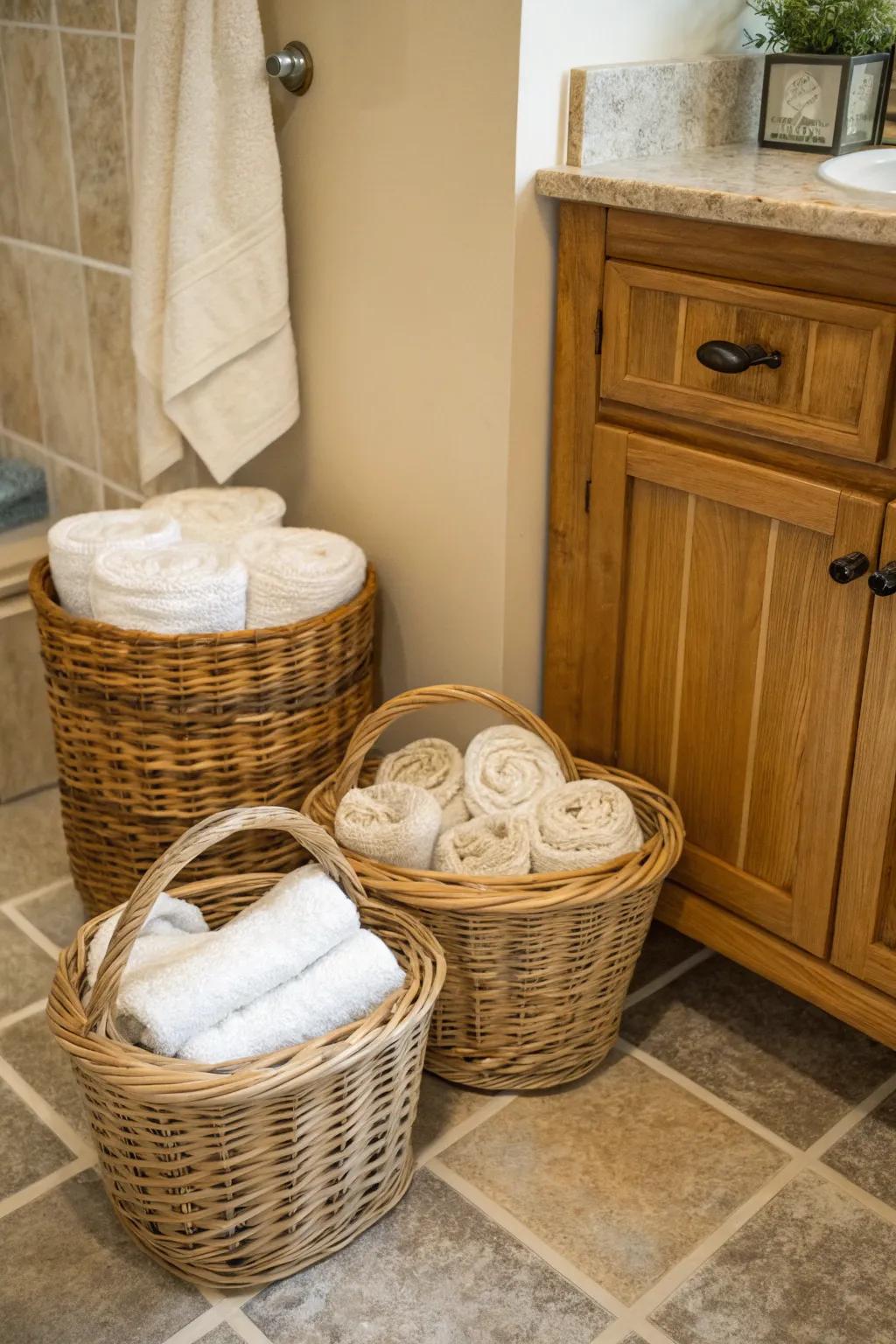 Natural fiber baskets offer a charming, rustic feel for towel storage.