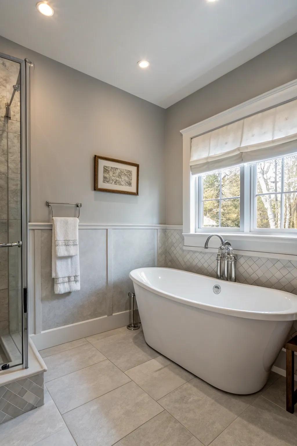 Subdued tones foster a calming and welcoming bathroom environment.