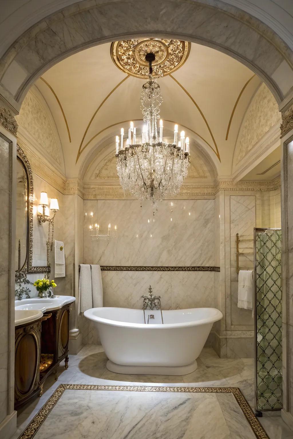 A chandelier imbues a sense of grandeur above the tub.