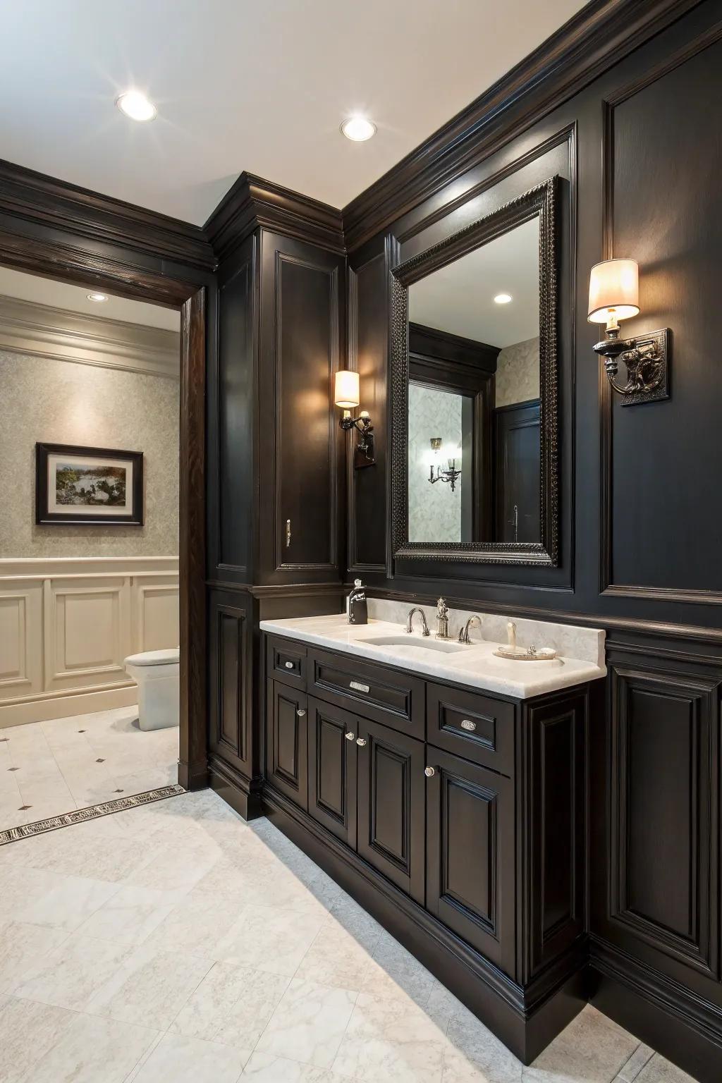 Dark molding establishes a captivating contrast in contemporary bathrooms.
