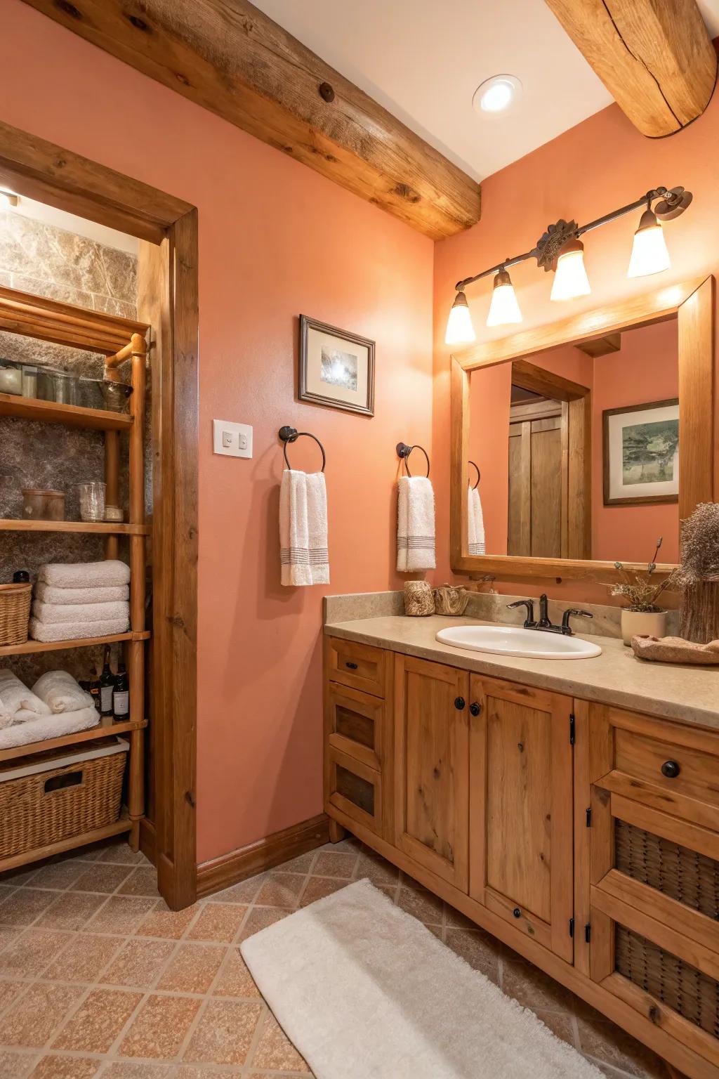 Peach hues infuse the bathroom with warmth and energy.