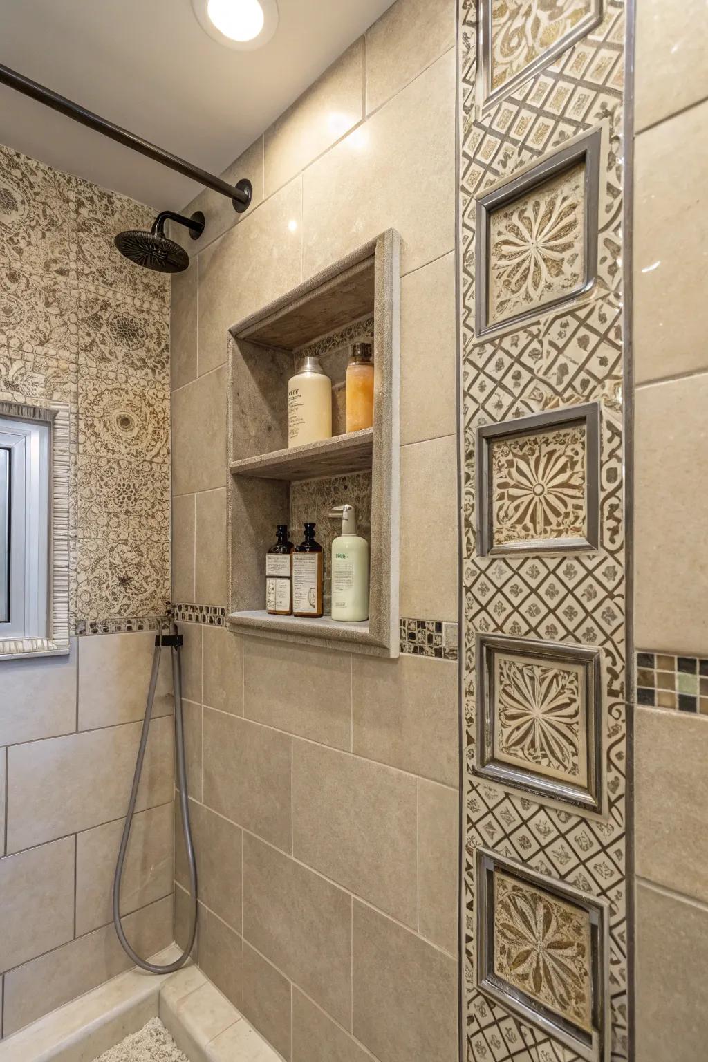 Blending function and flair, tile-trimmed niches enhance any shower area.