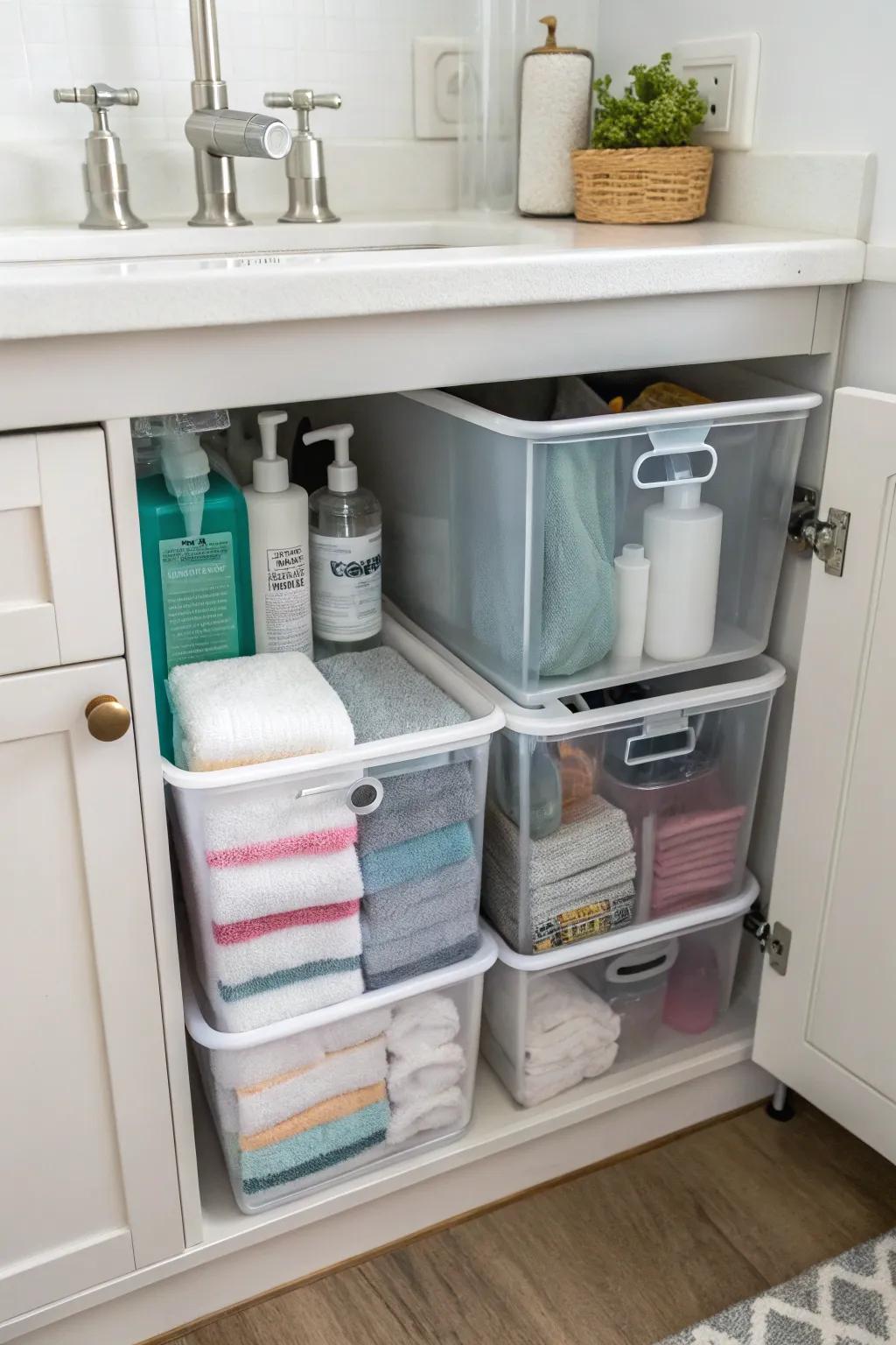 Transparent boxes and adjustable racks beneath the sink.