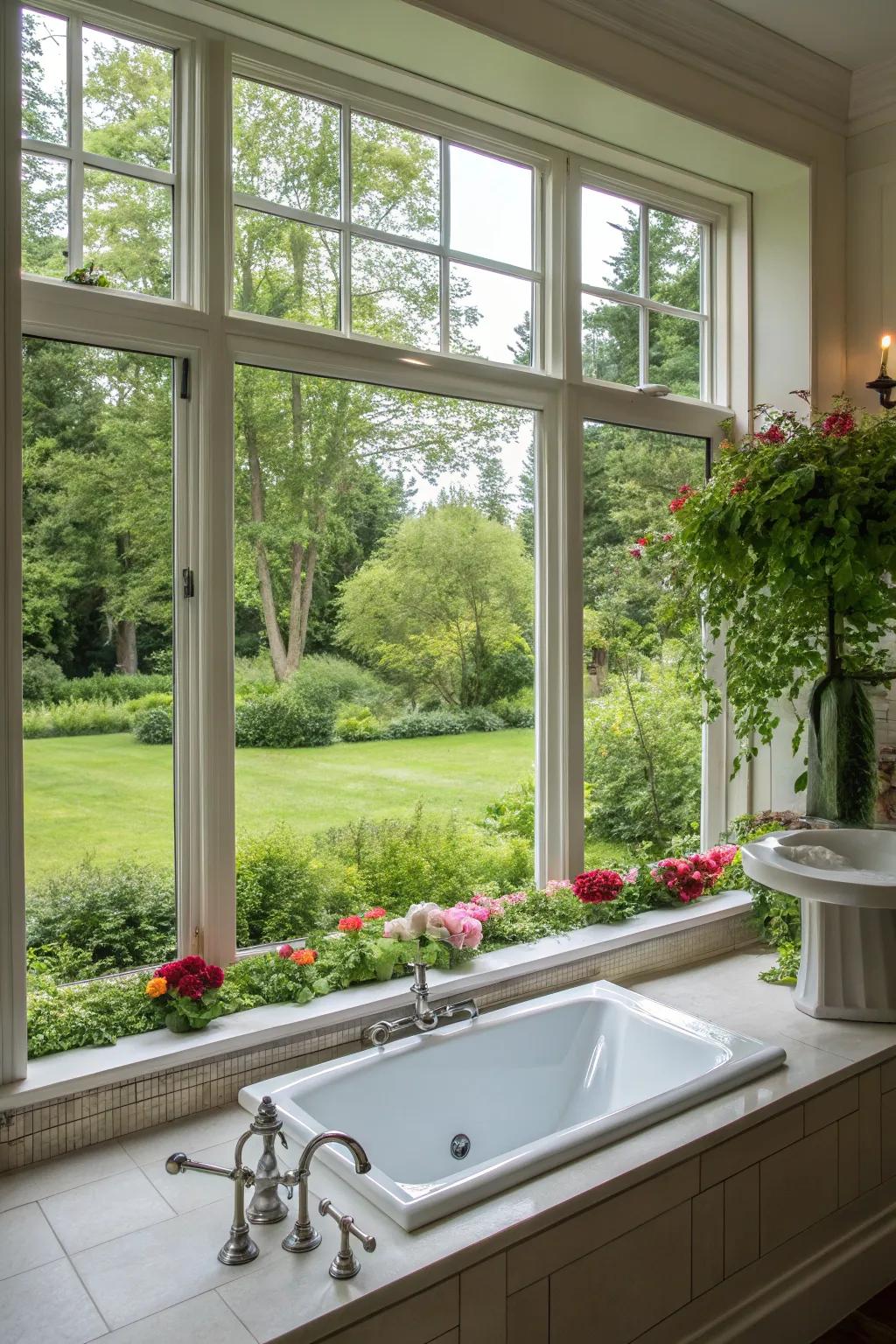 A bathtub situated by a broad window showcases a captivating vista of the garden.