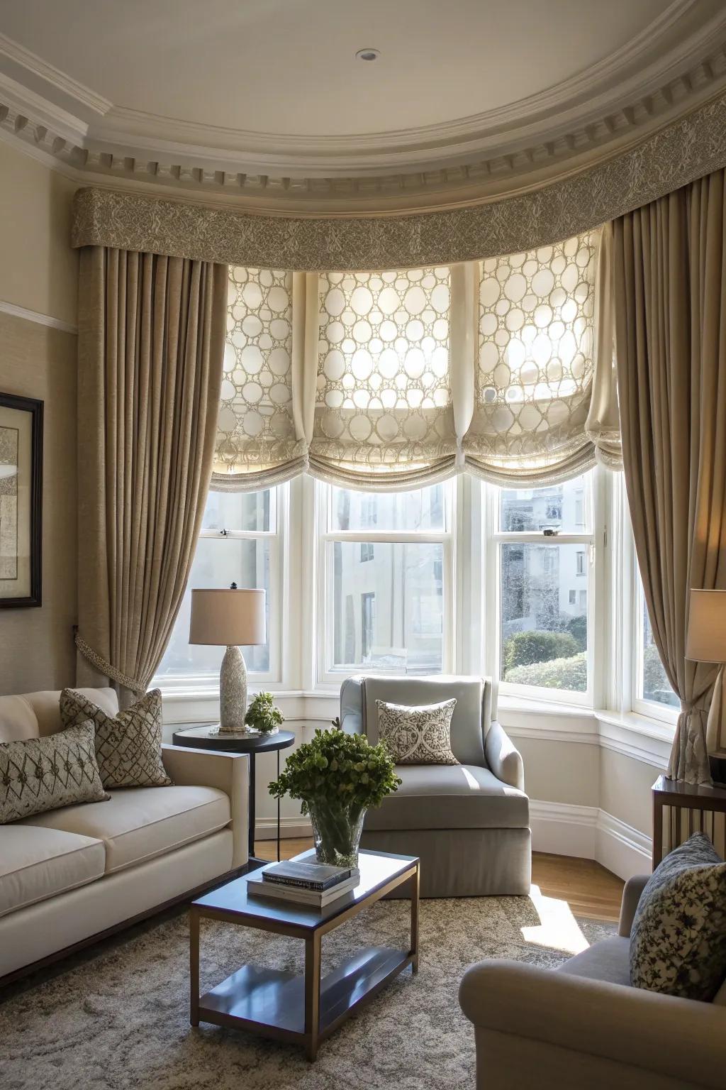 Textured textiles inject depth and visual intrigue into bay windows.