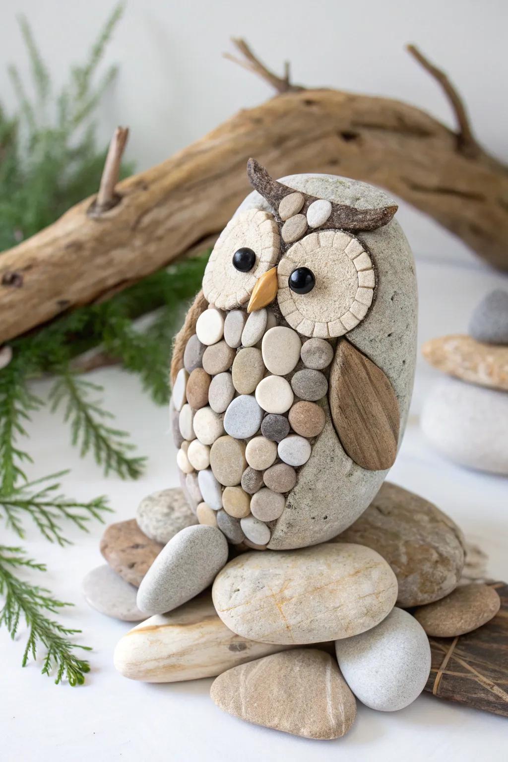 Capture the allure of nature with this understated pebble owl art—ideal for adding a dash of whimsy to any setting!