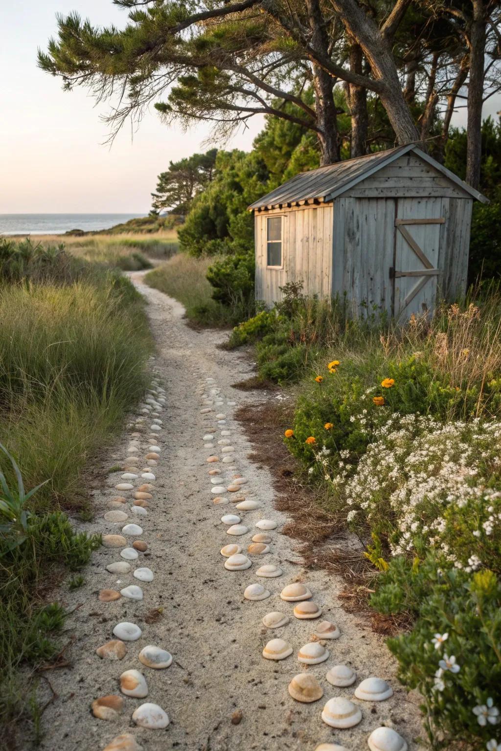 A delightful seashell path leads to an inviting seaside outbuilding.