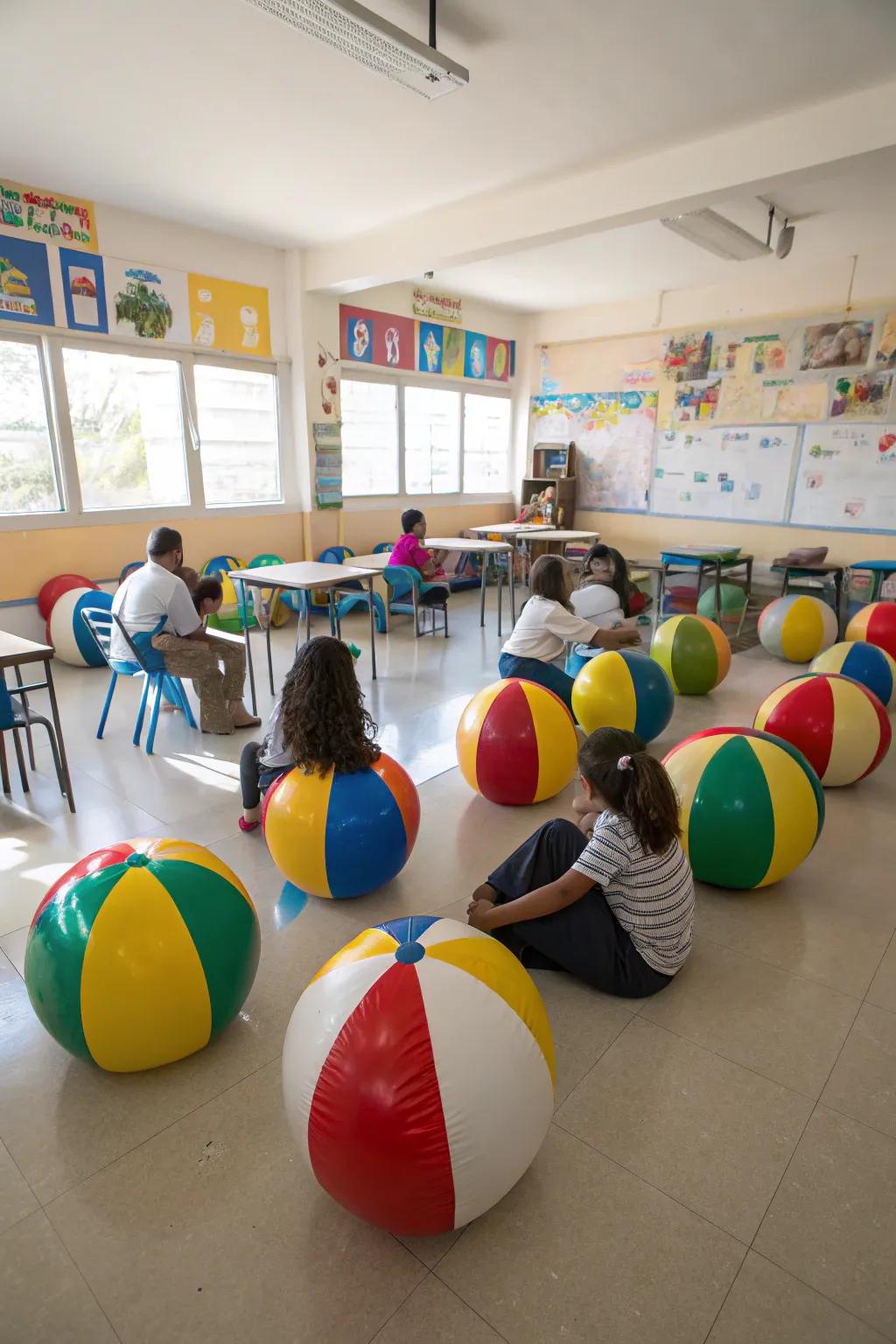Engaging inflatable sphere seating in a classroom, ideal for dynamic learning activities.