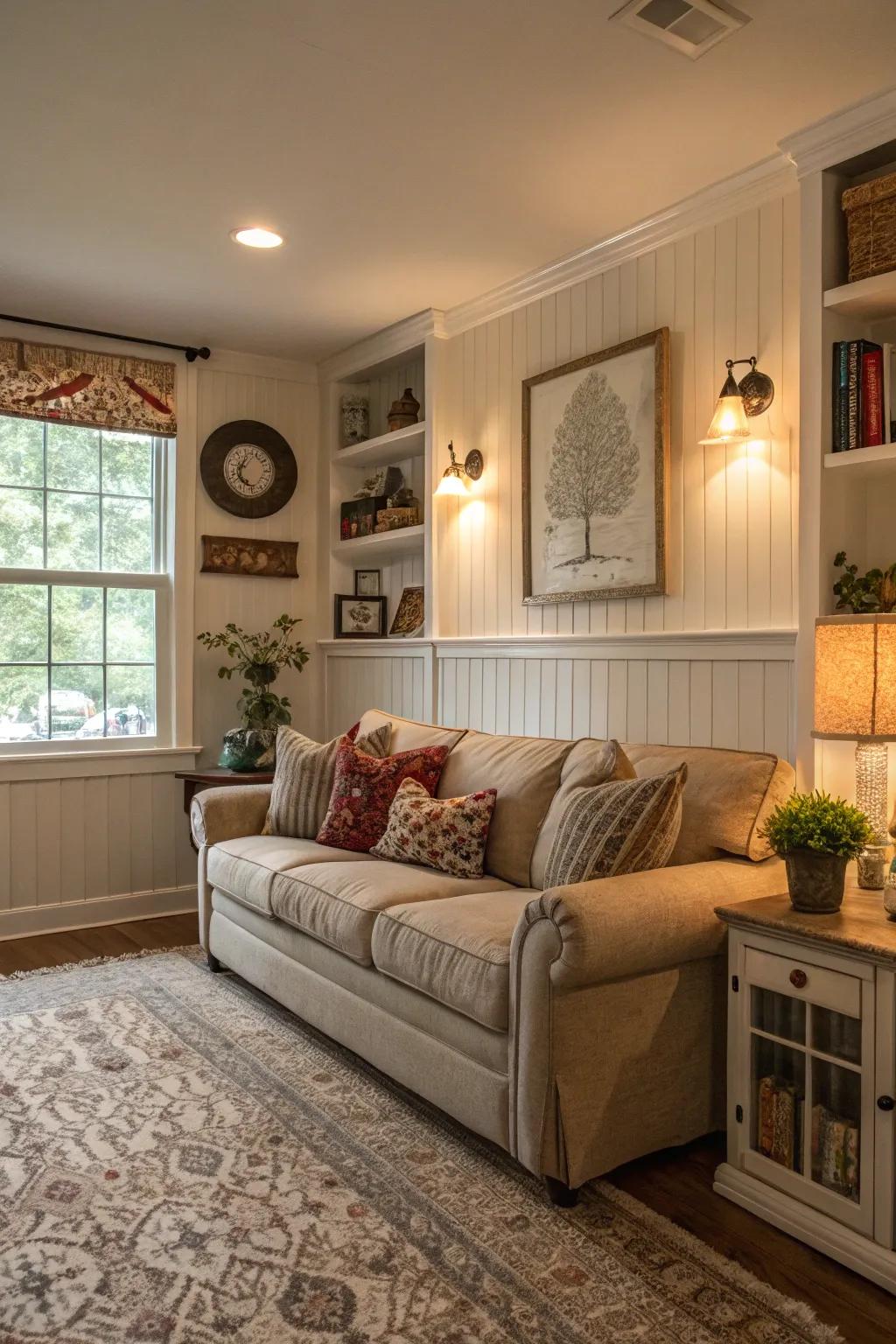 Half-paneled walls contribute a timeless element to living rooms.