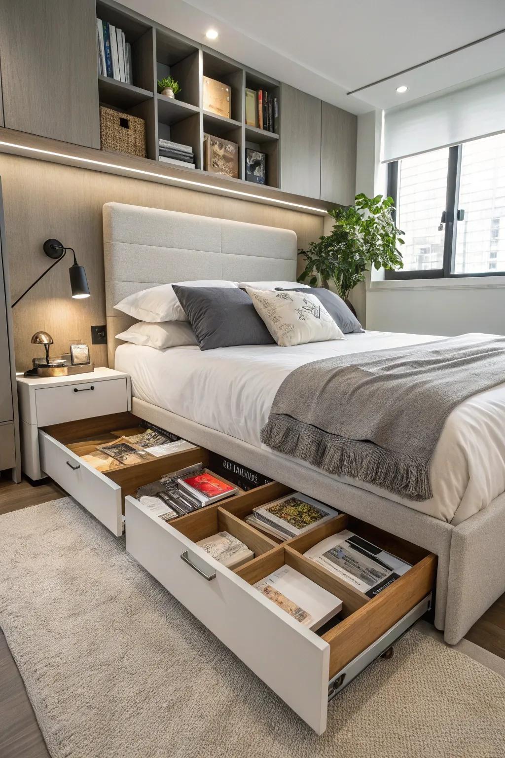 A bed base featuring storage provides both aesthetics and practicality.