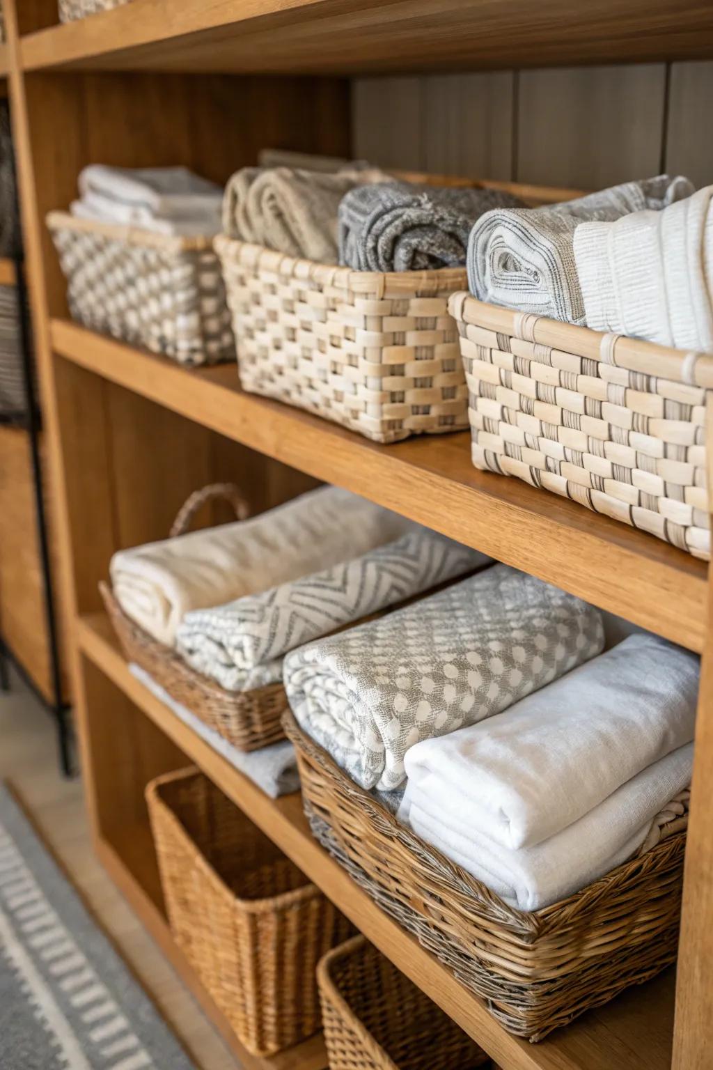 Baskets bring both style and organization to your linen storage.