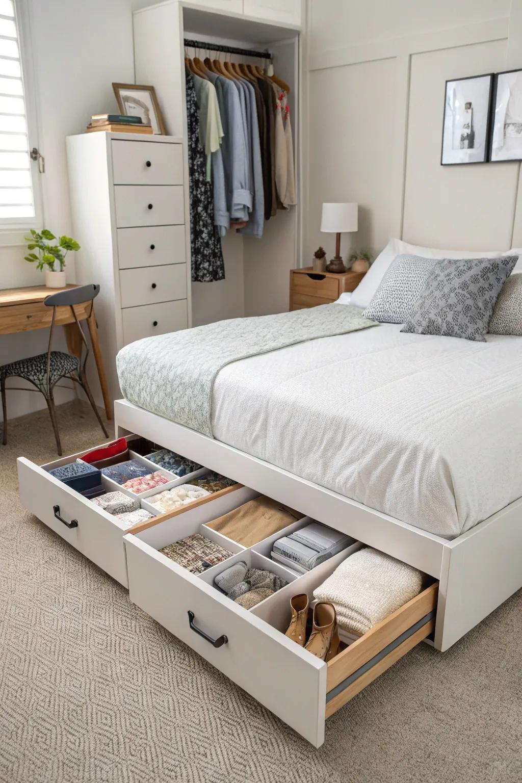 Under-bed storage units offer a tidy and fashionable solution.
