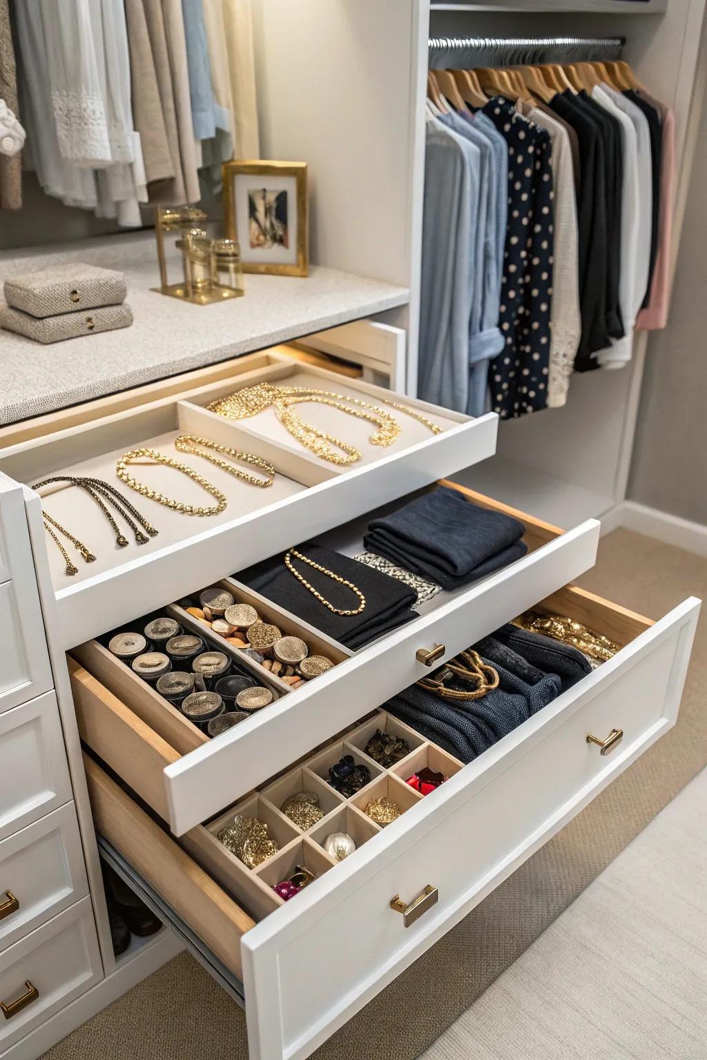 Sliding drawers present an elegant choice for keeping smaller things.