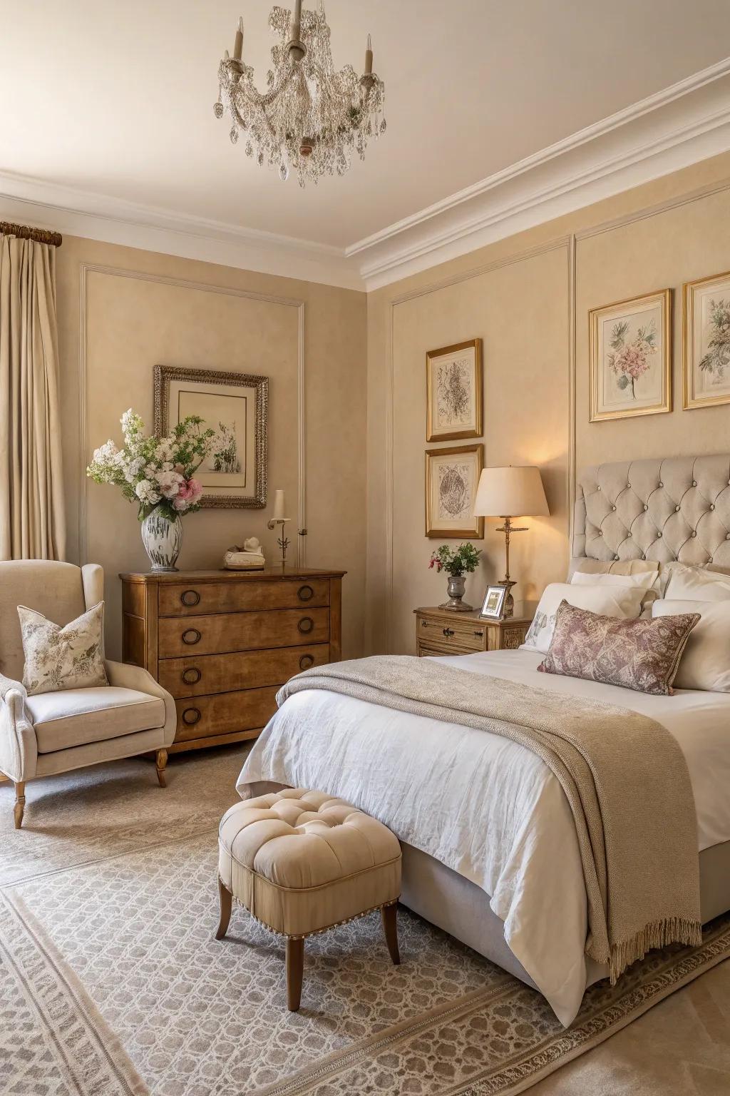A serene bedroom with gentle uncolored hues and elegant decor.