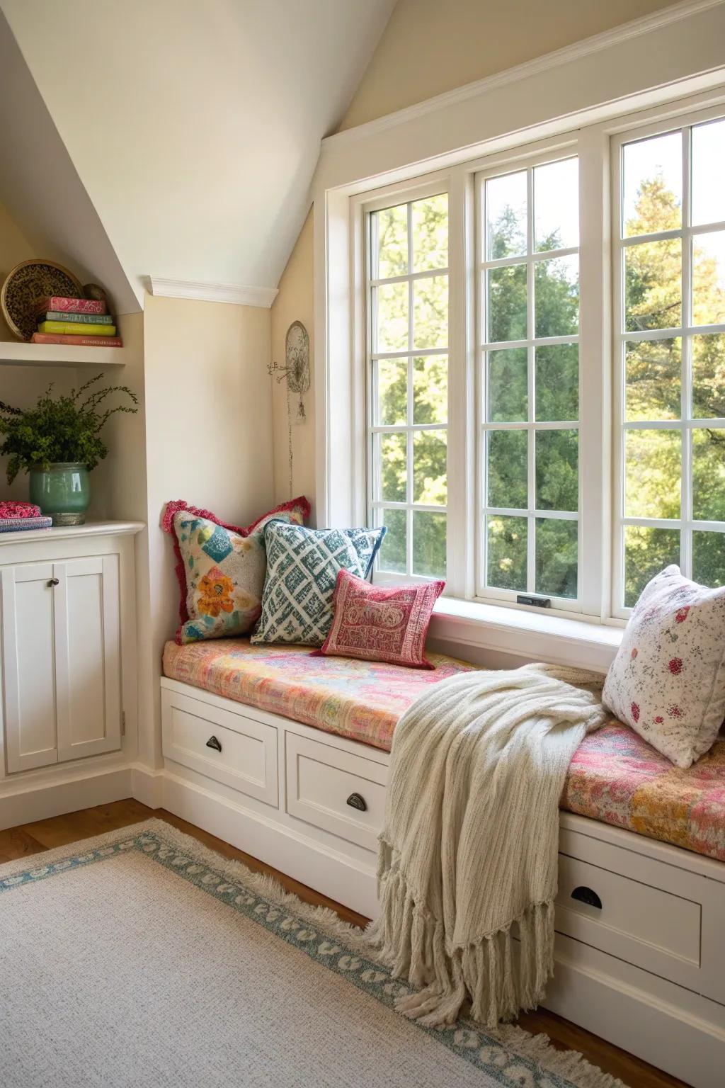 An exquisite window seat gracing a bedroom, seamlessly interweaving elements of coziness and stylistic finesse, rendering it an idyllic retreat.