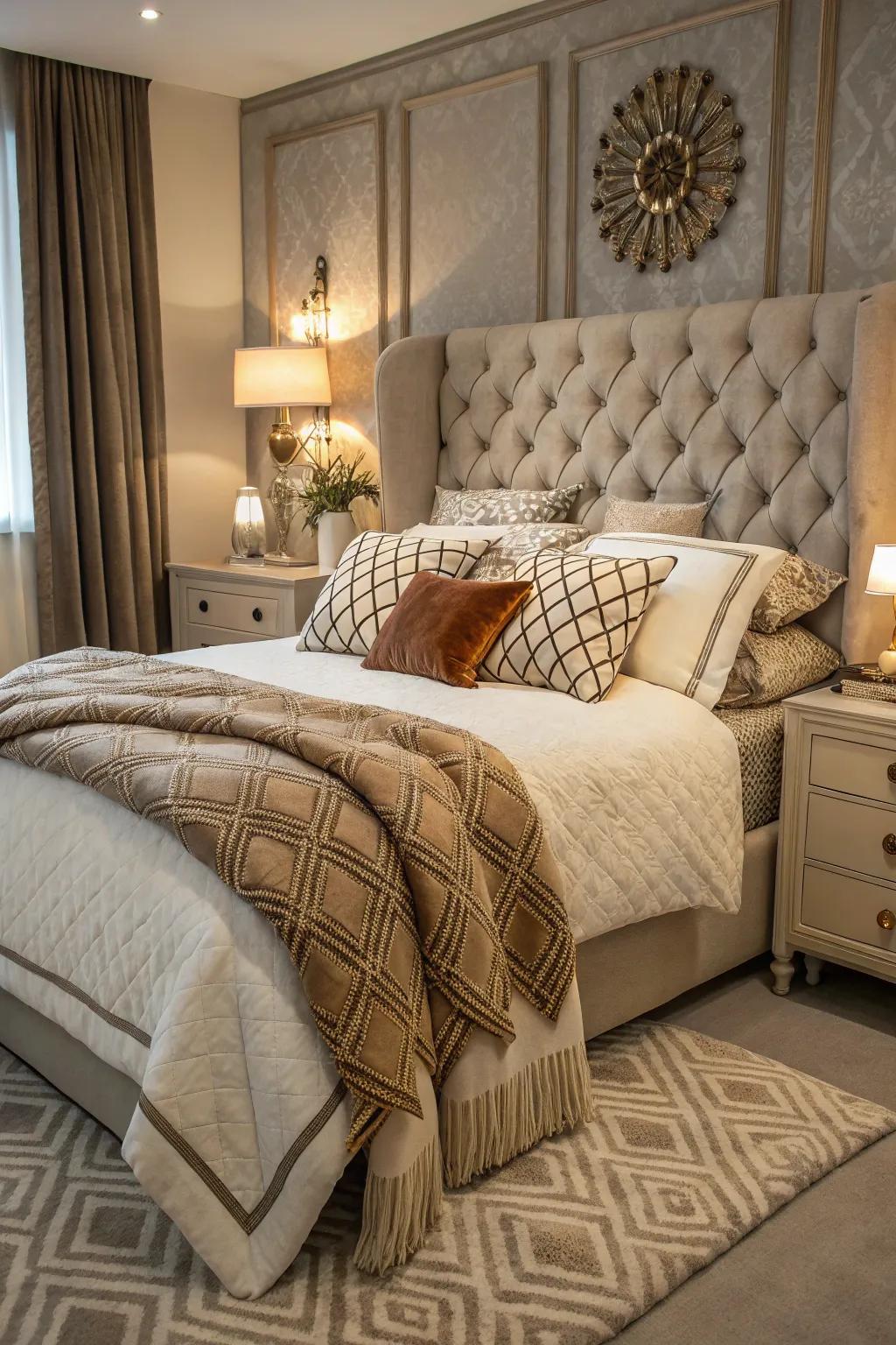 Fabrics layered on a bed, adding warmth and texture to this stylish bedroom.