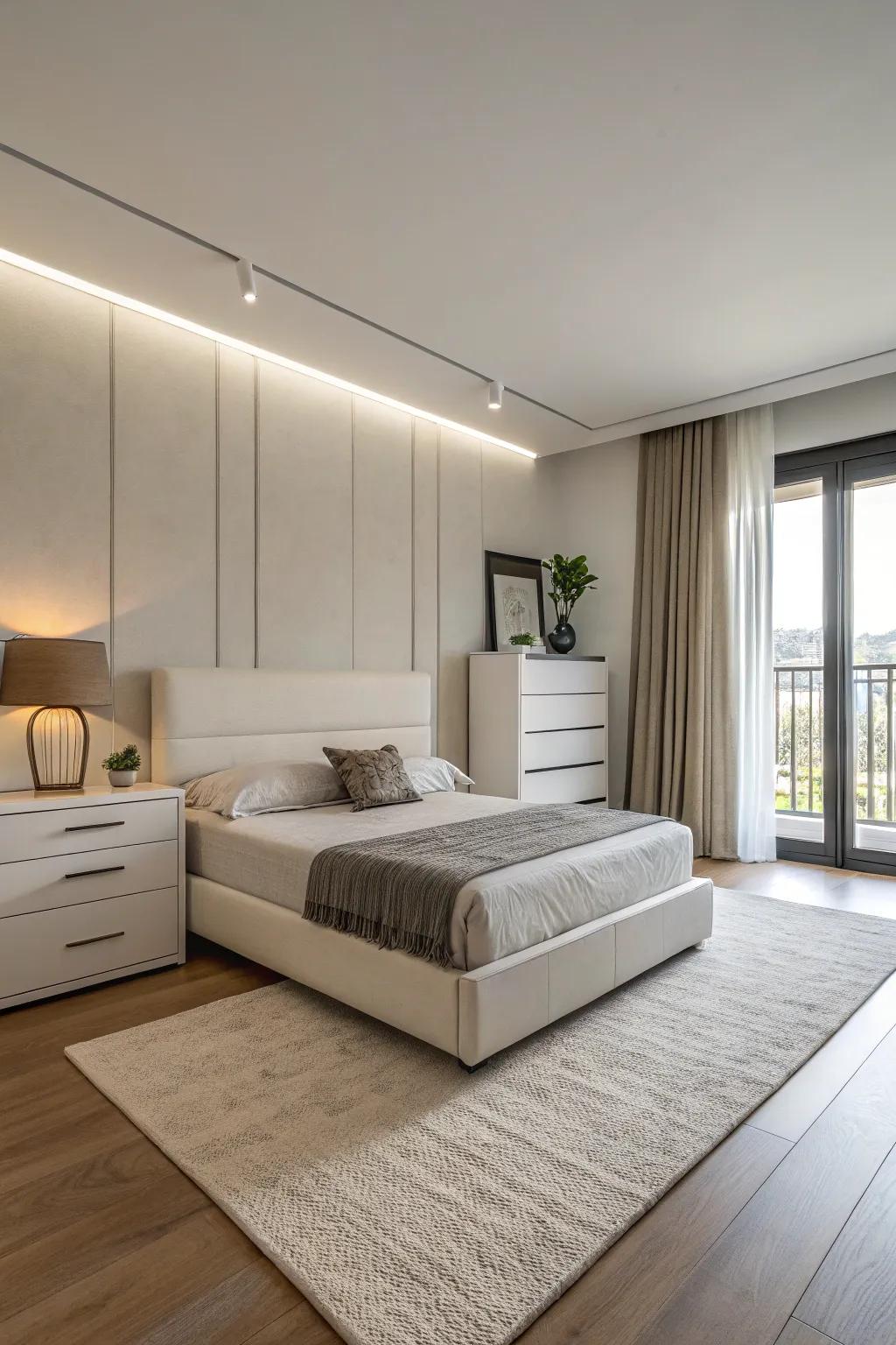 A bedroom decorated with contemporary, streamlined furniture showcasing defined lines.