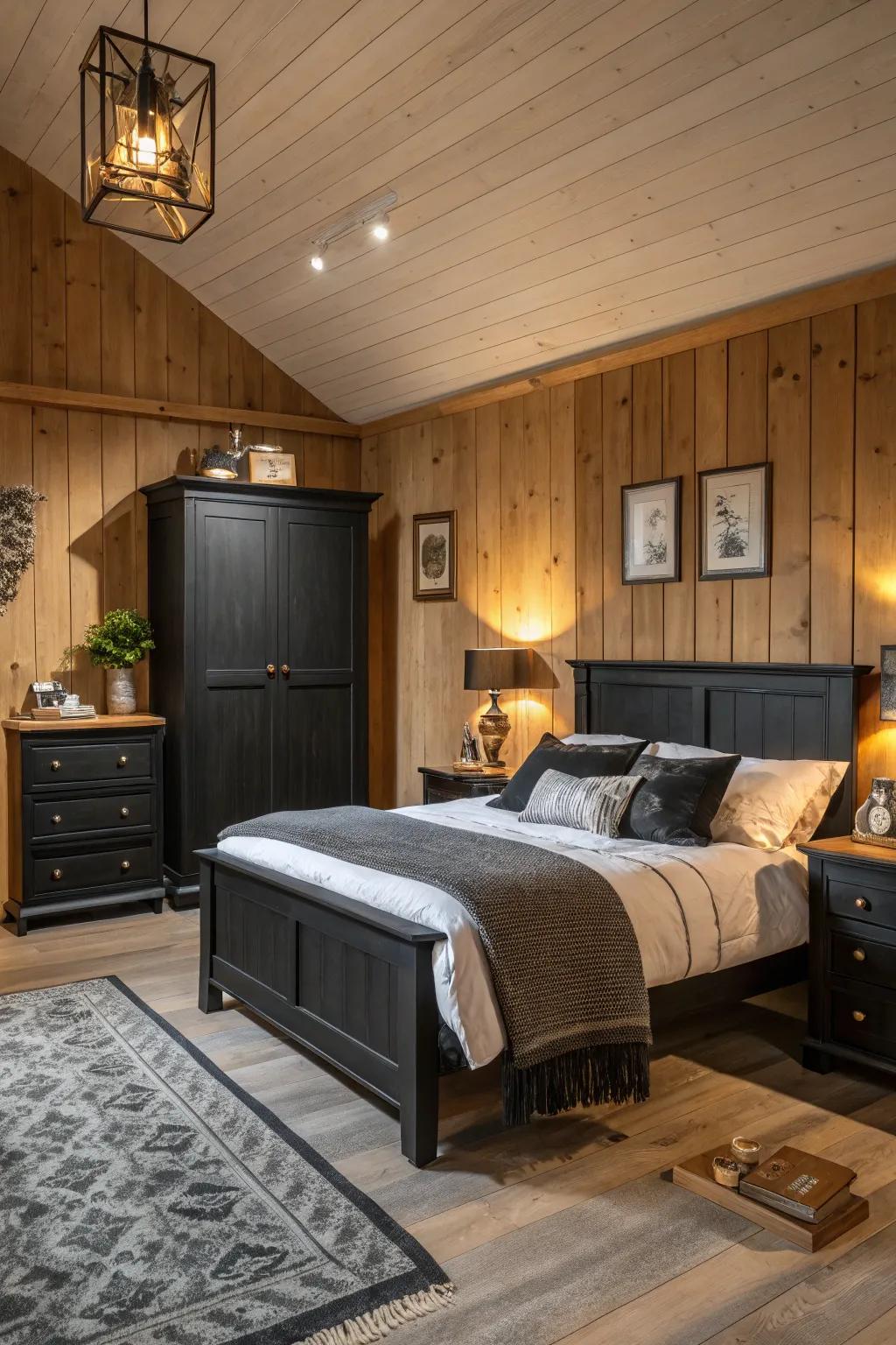 Natural wood tones impart warmth to a bedroom showcasing sleek ebony furniture.