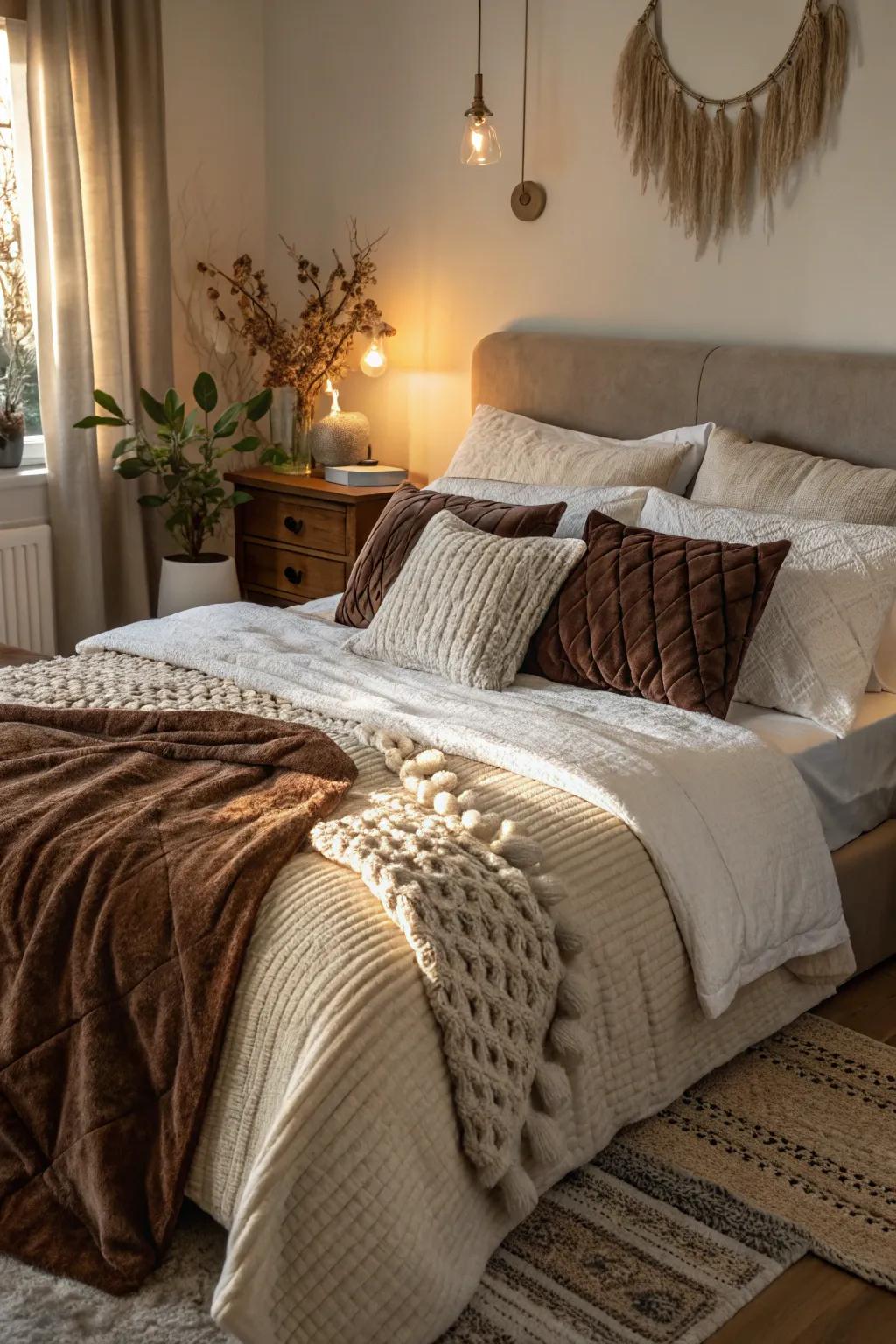 A bedroom radiating coziness, thanks to its carefully layered textures.