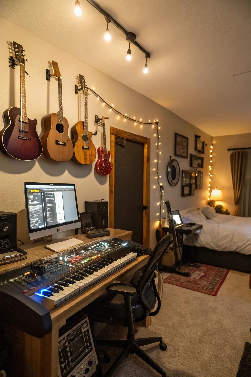 Wall-mounted instruments contribute to a practical and visually pleasing music studio setup.