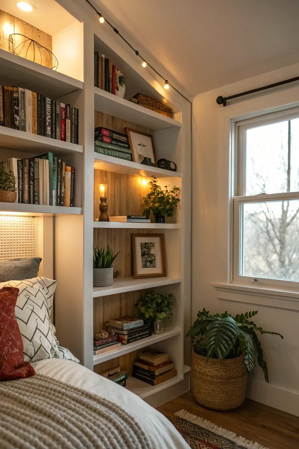 A cozy bedroom nook with built-in shelves, offering a personal library space.
