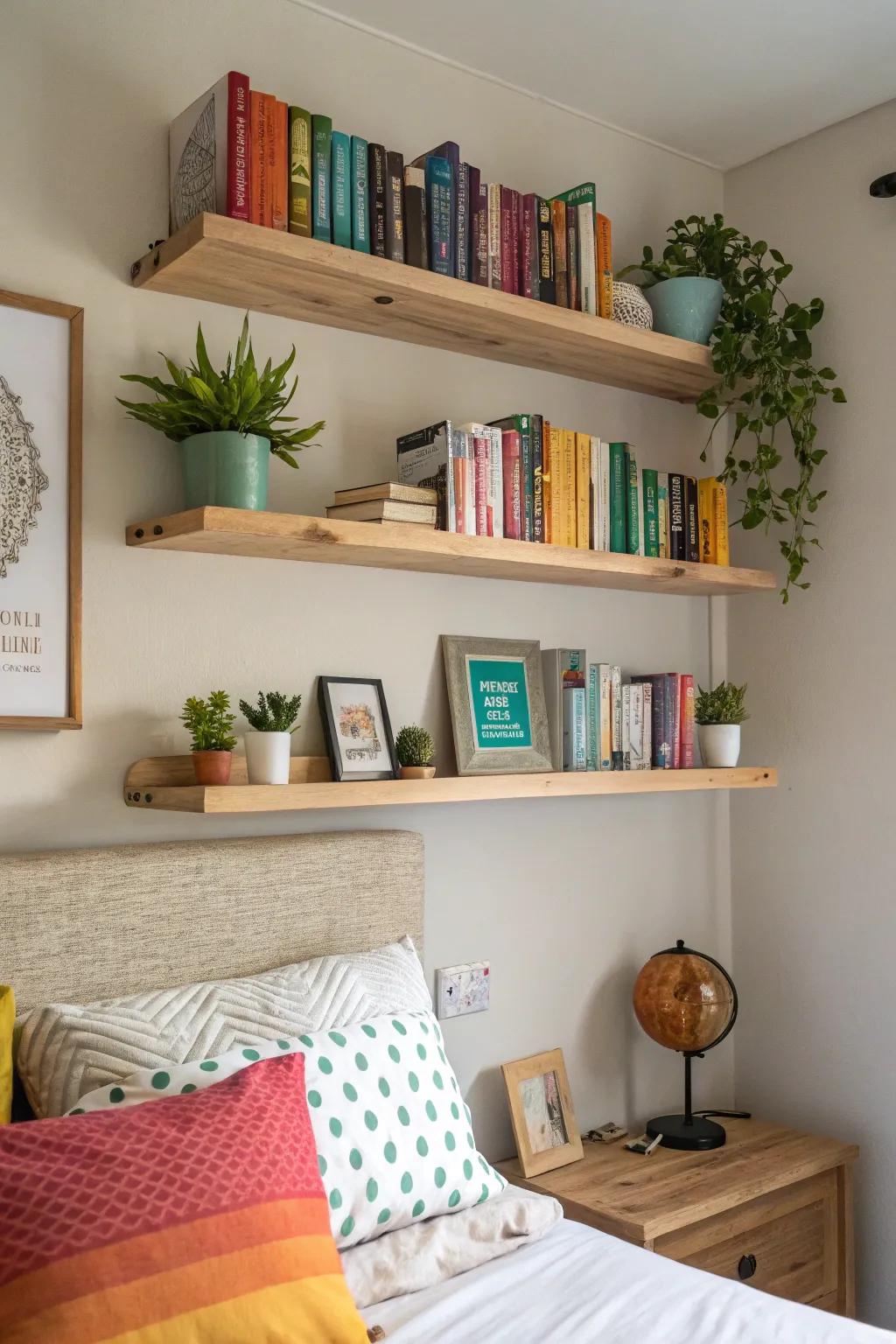 Enhance your bedroom design using useful floating shelves.