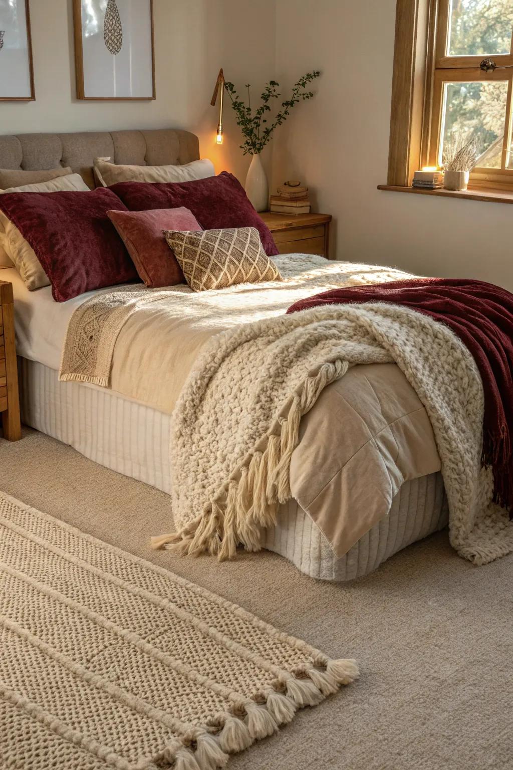 A comfy bedroom where designs are lively when put with the cream-colored carpet.