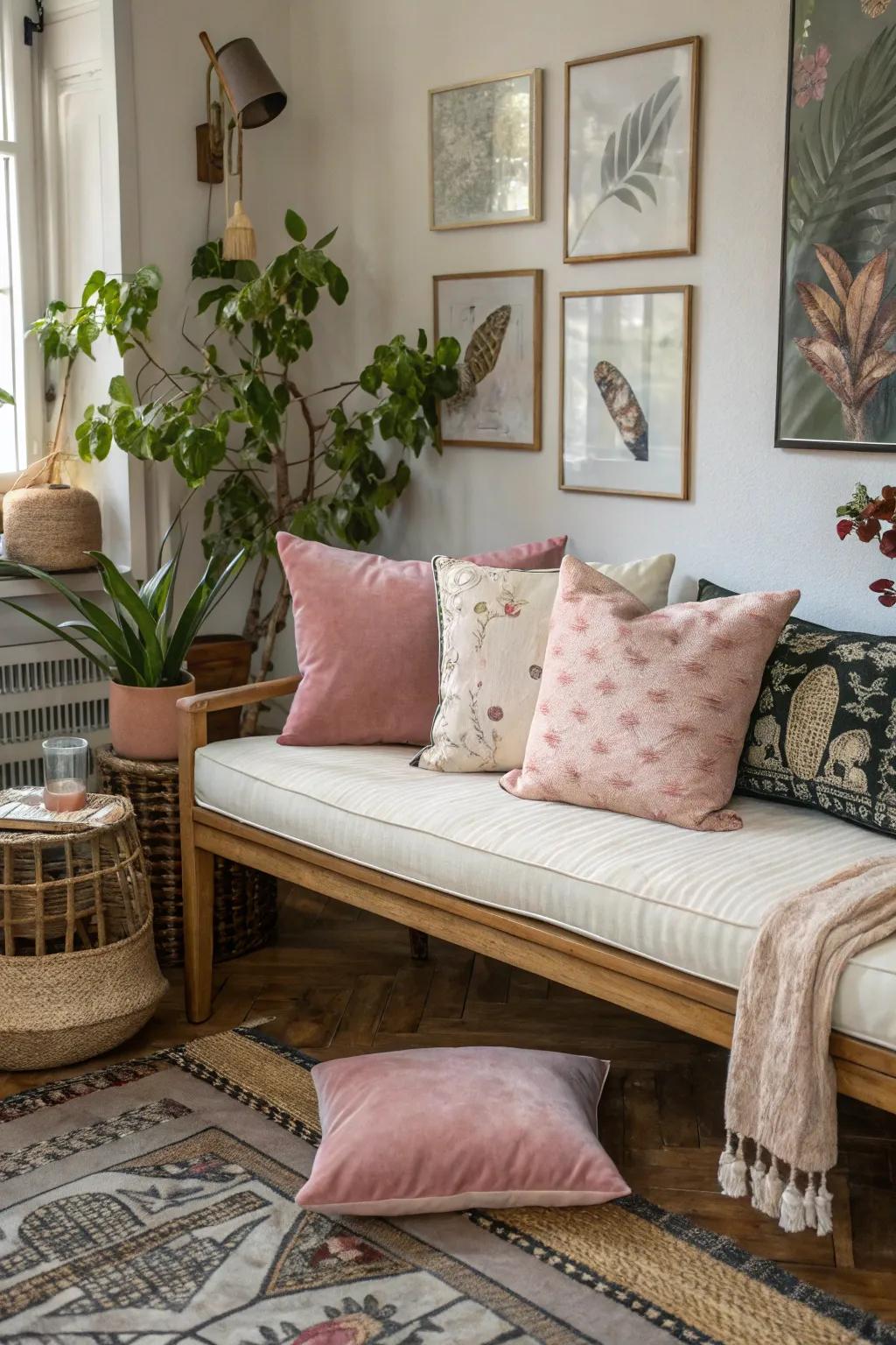 Uniting materials such as corduroy and satin crafts a visually appealing cushion composition.