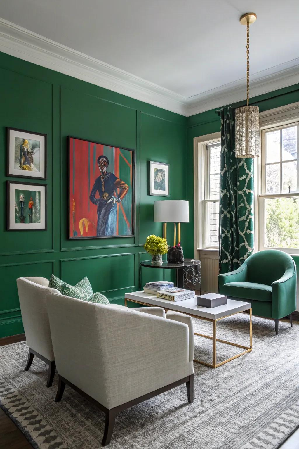 A sophisticated living area enhanced by an impressive stone green wall.
