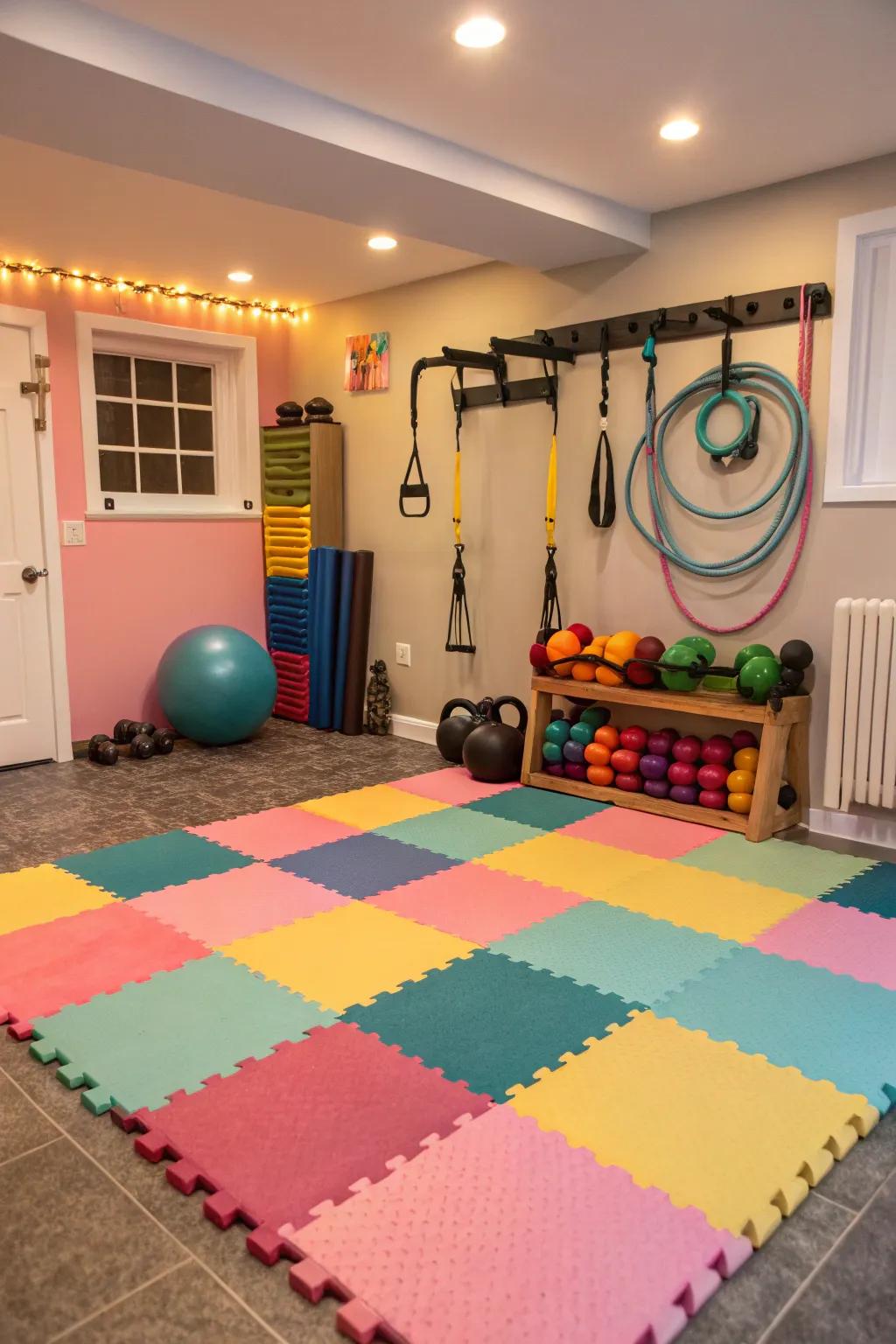 Foam tiles provide a comfortable and inviting gym environment.