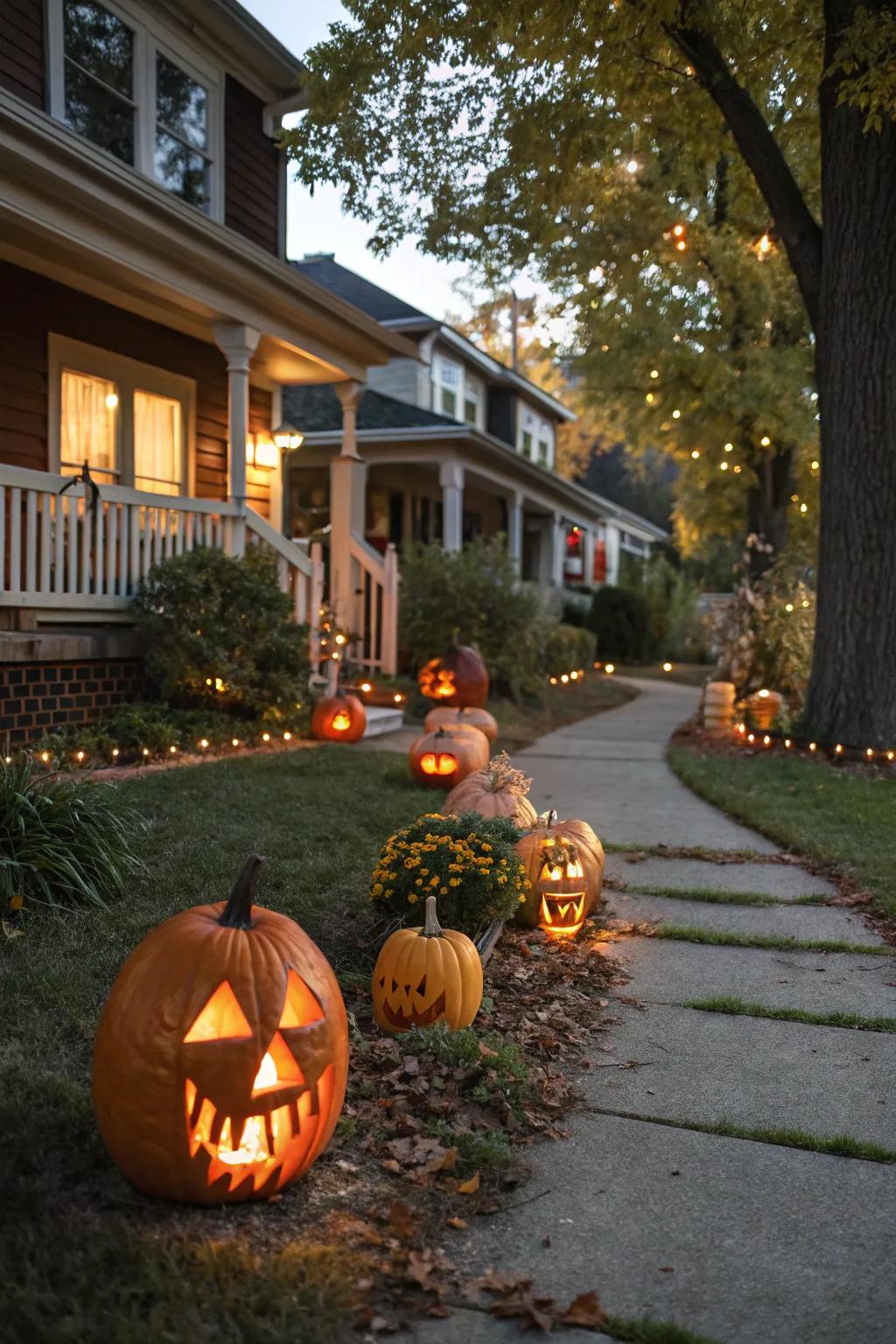 A gourd-lined path guides trick-or-treaters along.