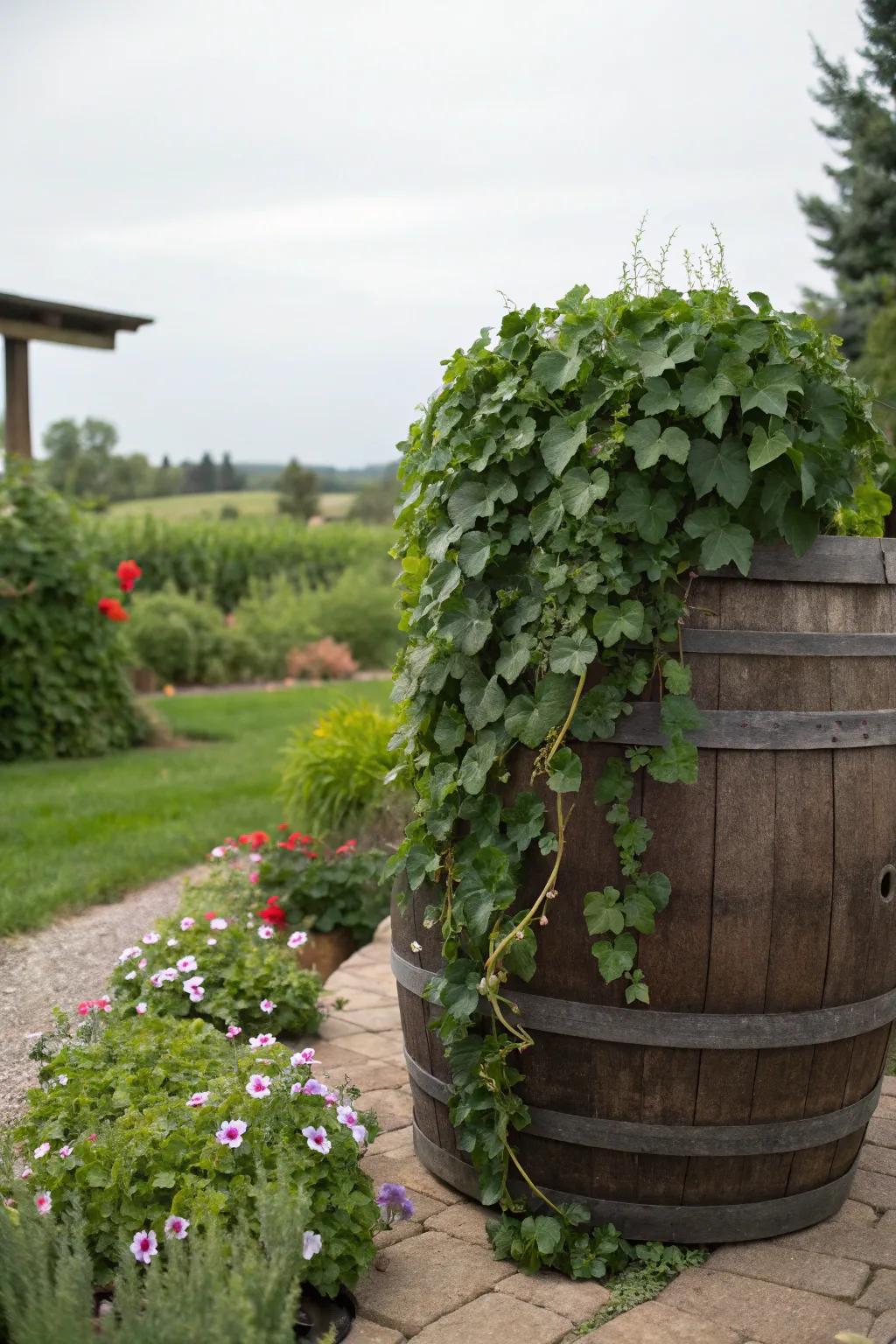 Elegant cascading vines enhancing the countryside charm of a rustic barrel.