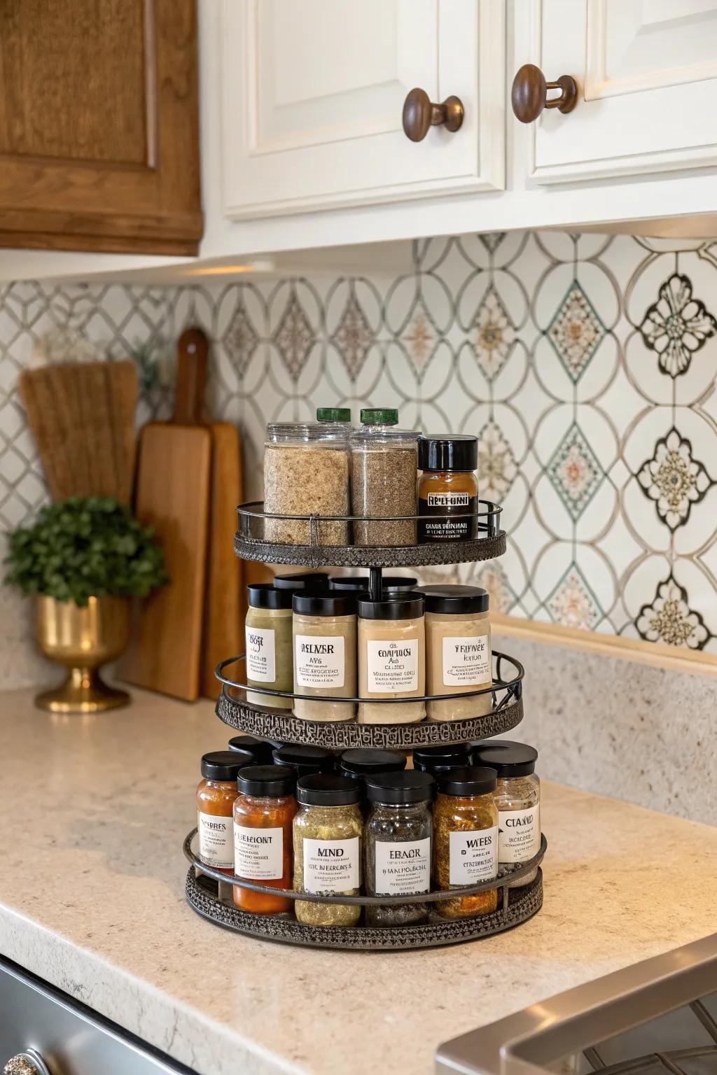Tiered exhibits for an elegant and orderly countertop.