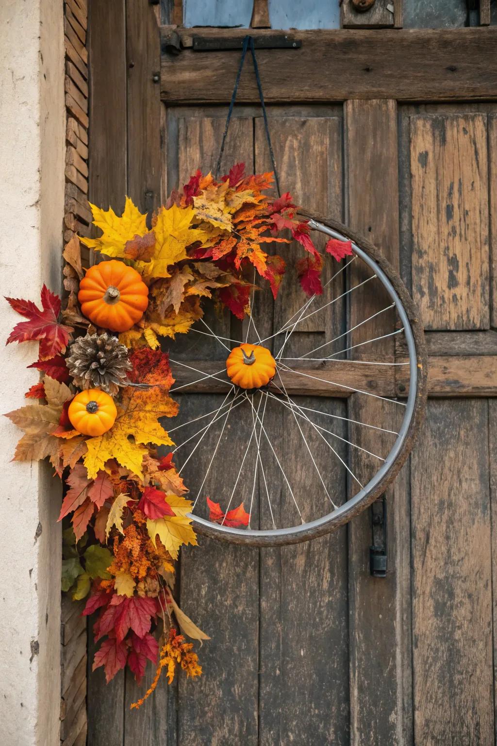 A seasonal bike wheel decoration featuring fall leaves and mini pumpkins, ideal for the fall.
