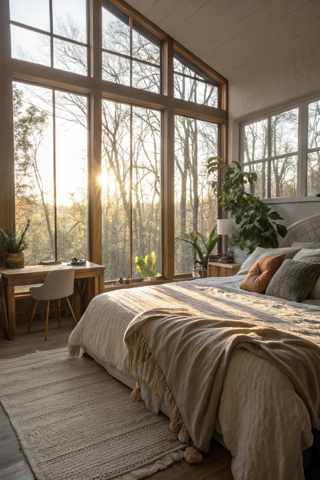 An expansive bedroom awash with natural light streaming through sizable windows.