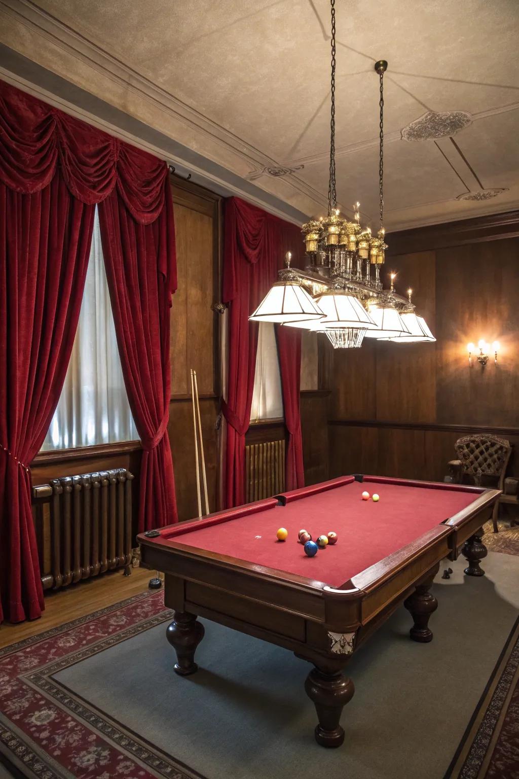 Elegant pendant lights that enhance the mood of a billiard room.