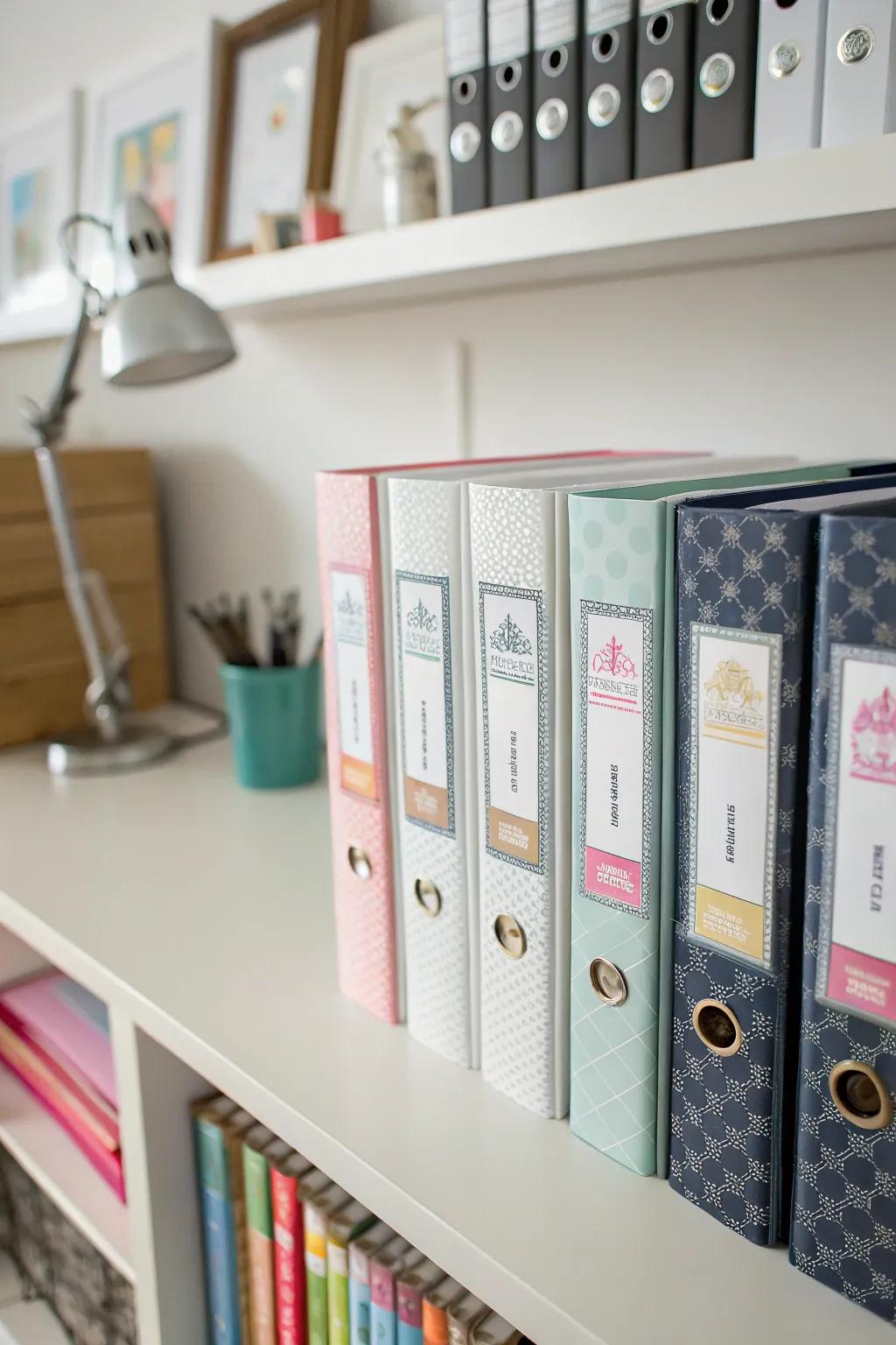 Well-labeled binders, offering streamlined organization.