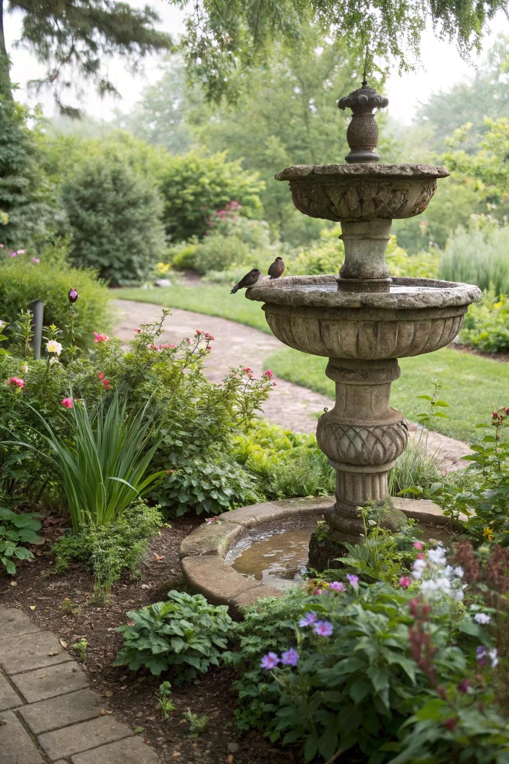A stone-stacked bird bath radiates natural sophistication in a garden.