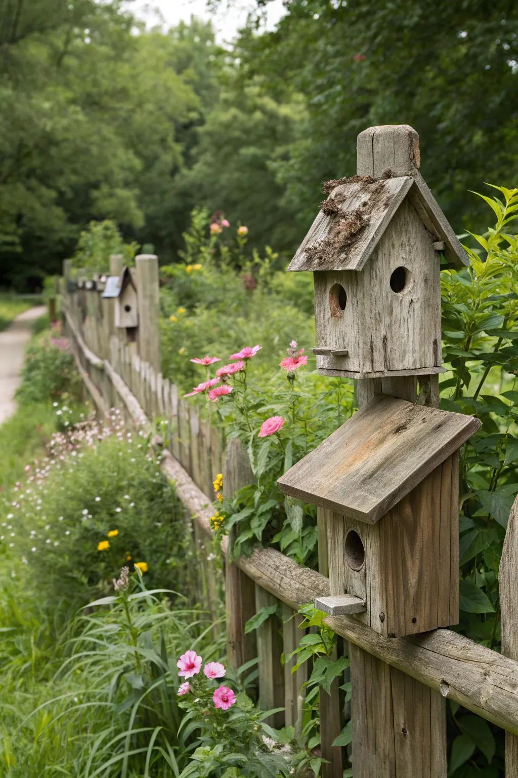 Unrefined timbered bird lodgings bestow a natural charm upon a garden boundary.