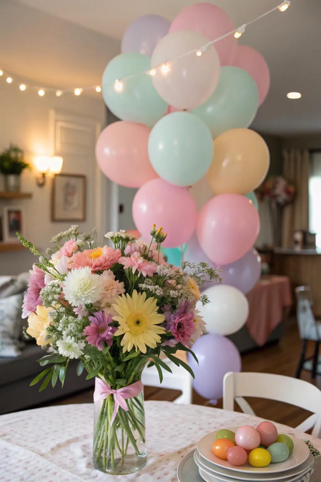 A playful mix of balloons and flowers forms a memorable birthday centerpiece.
