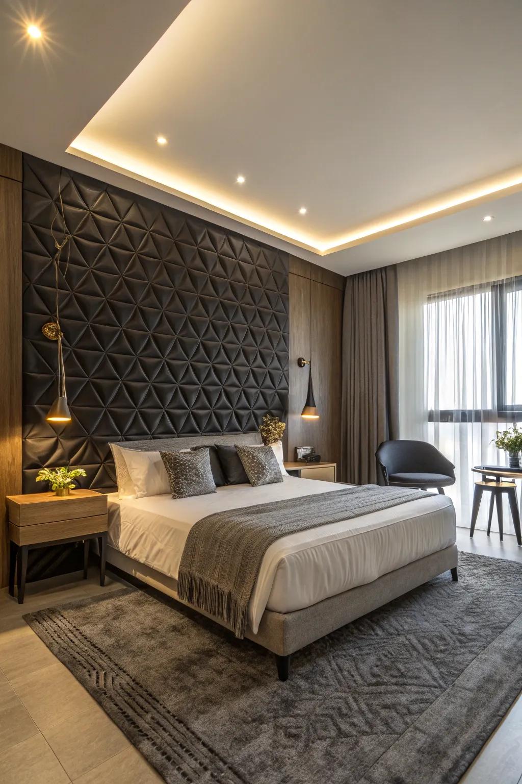 An embossed black statement wall that adds dimension and captivates interest in the bedroom décor.