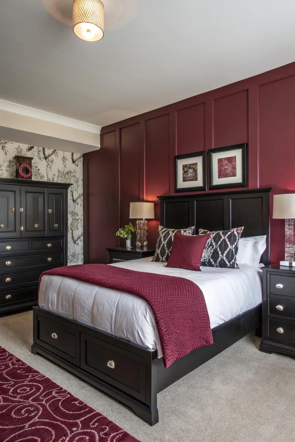 A burgundy statement wall feature provides depth and develops an emotional core point within your bedroom.
