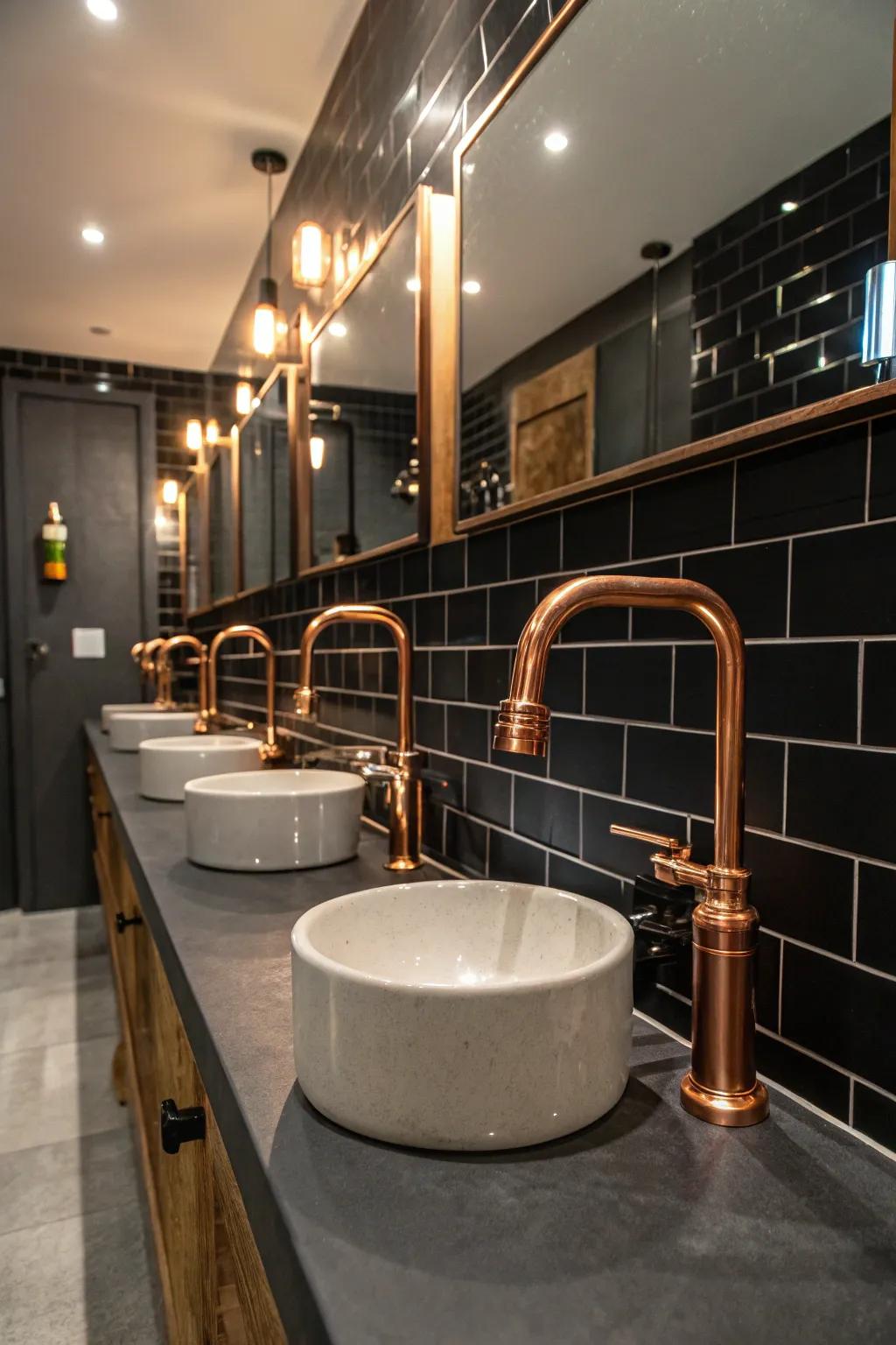 Elegant metal fixtures highlight sophisticated dark panels perfectly.