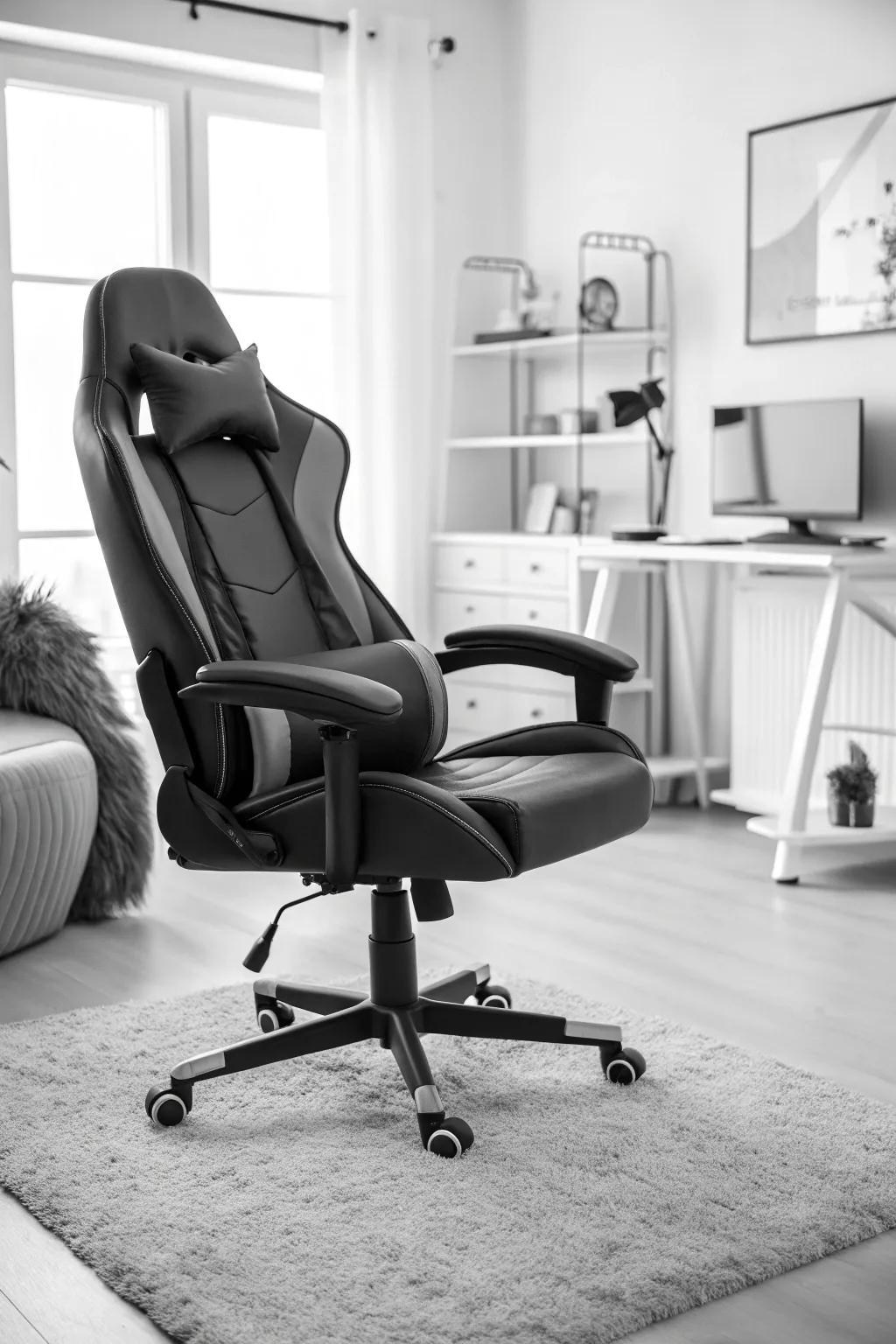 A cozy ergonomic chair that enhances a streamlined gaming space.